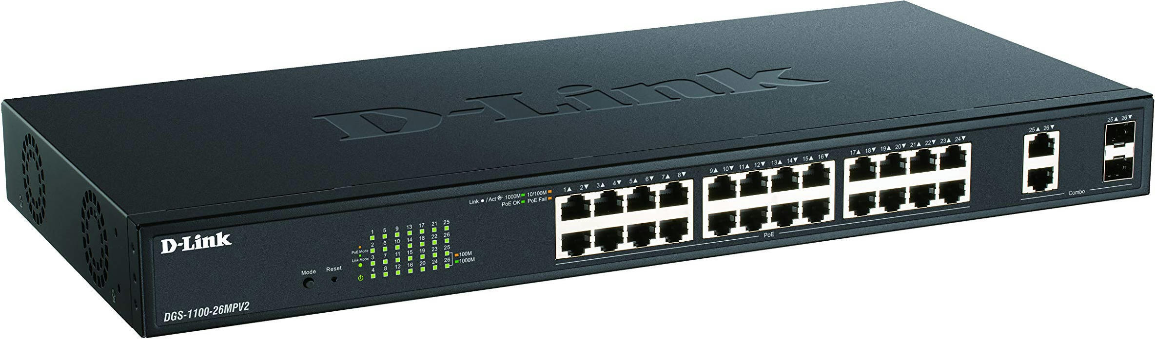 Комутатор D-Link DGS-1100-26MPV2 24xGE PoE, 2xSFP/GE, PoE 370Вт, EasySmart