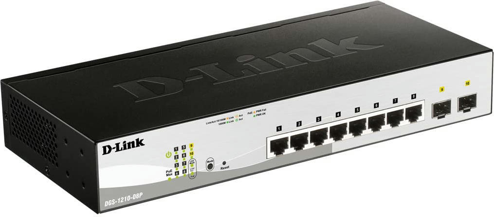 Комутатор D-Link DGS-1210-08P/E 8x1GE PoE, 2xSFP