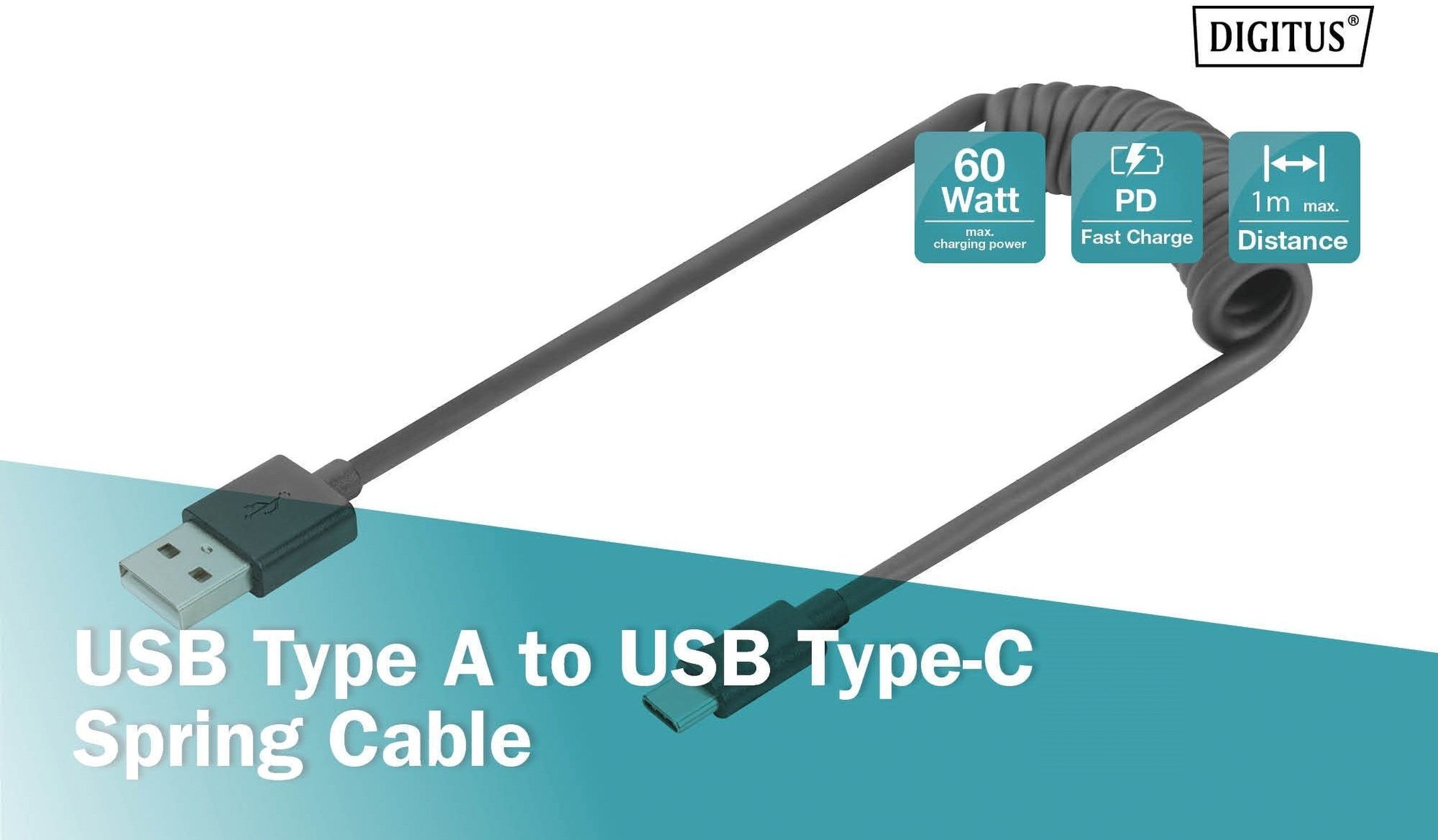 Кабель DIGITUS USB-А 2.0 (AM/CM) spiral 0.32-1.0m black (AK-300430-006-S)