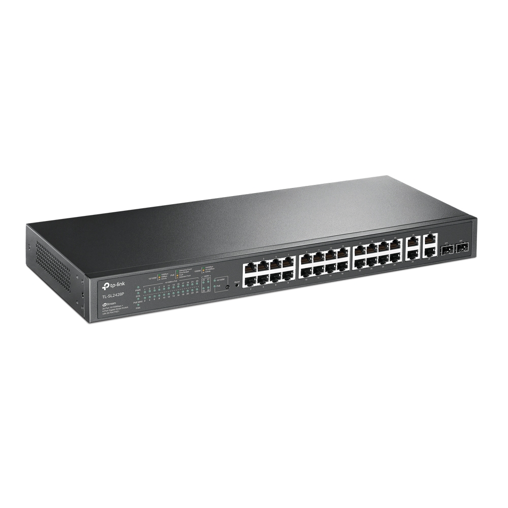 Комутатор TP-LINK SL2428P 24xFE(24xPoE), 4xSFP, 250Вт, Некерований