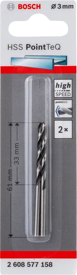 Свердло для металу Bosch HSS-PointTeQ, 3х33х61 мм, 2шт (2.608.577.158)