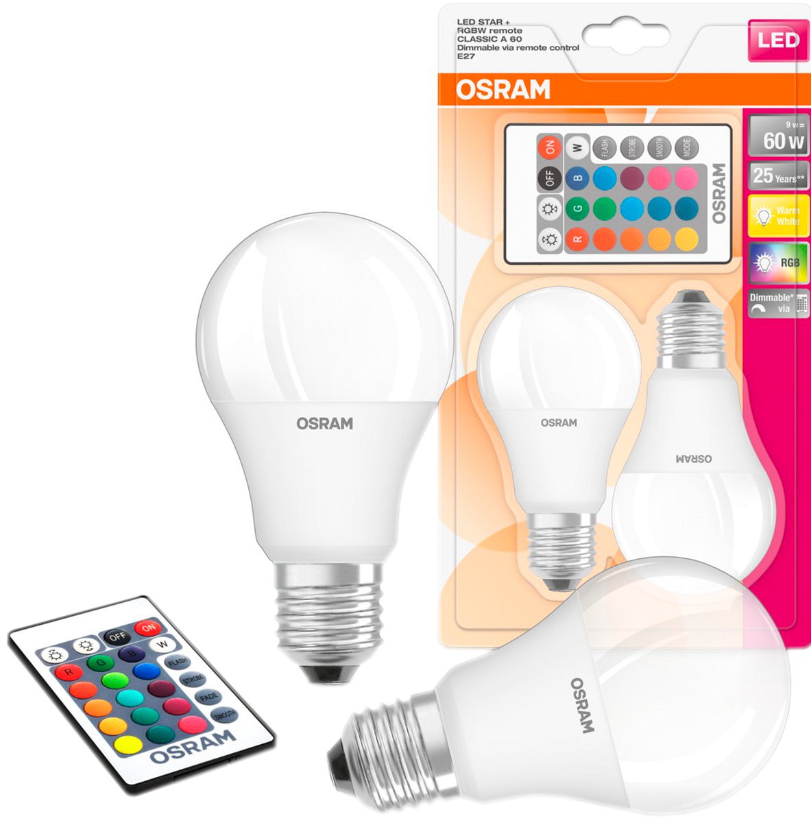 Лампа світлодіодна Osram Led Star E27 9-60W 2700K+RGB 220V A60, 2шт+пульт ДУ