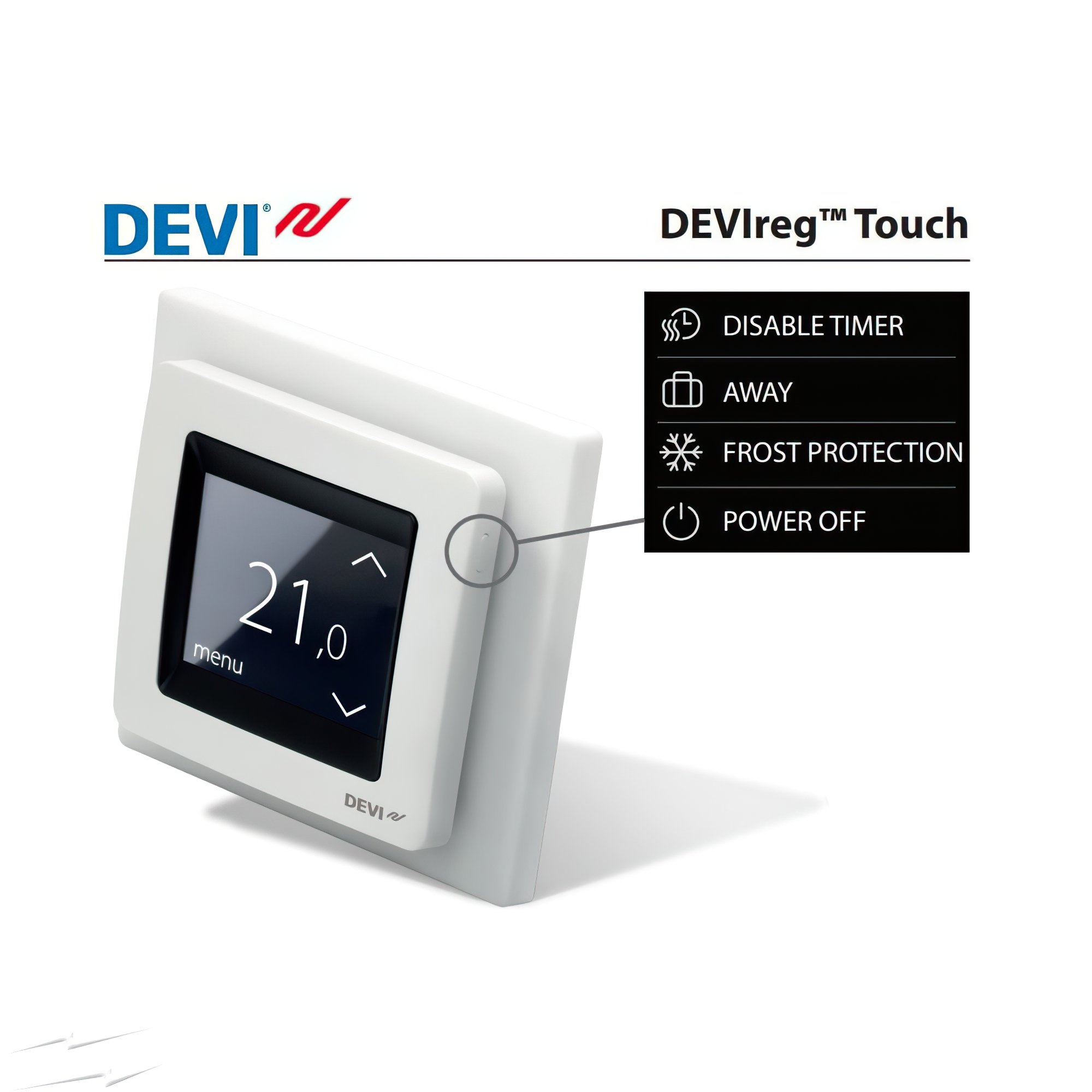 Терморегулятор сенсорний DEVI Devireg Touch White, 2" екран, 85х85мм, макс.16A (140F1064)