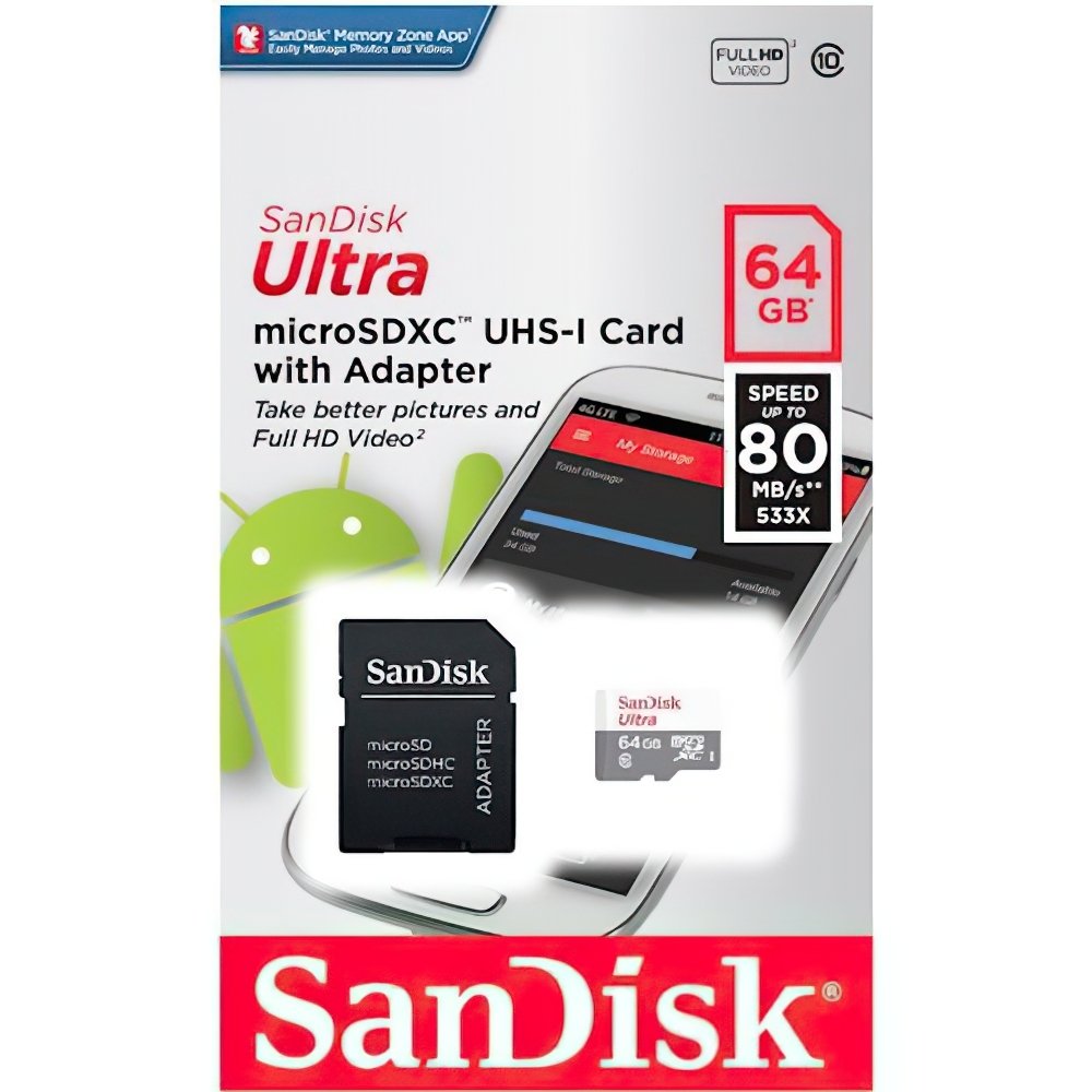 Карта пам`яті SanDisk microSDHC 64GB C10 UHS-I R100MB/s Ultra + SD (SDSQUNR-064G-GN3MA)