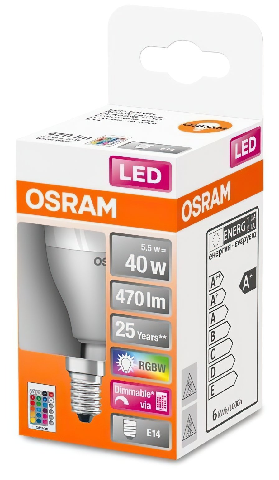 Лампа світлодіодна Osram Led Star Е14 5.5-40W 2700K+RGB 220V Р45 пульт ДУ