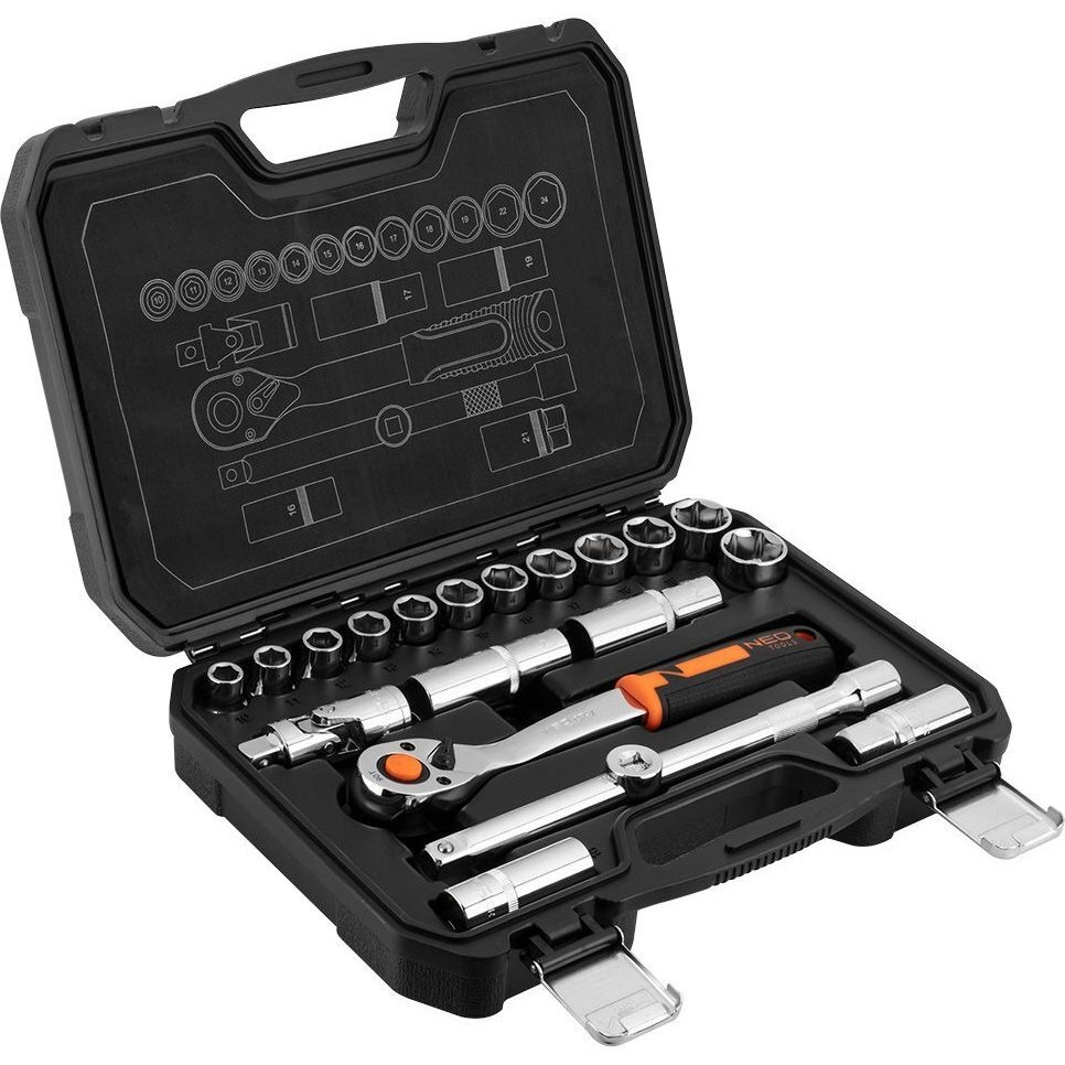 Набір торцевих головок NEO Tools, 20шт, 1/2", тріскачка 90 зубців, CrV, кейс (10-032N)