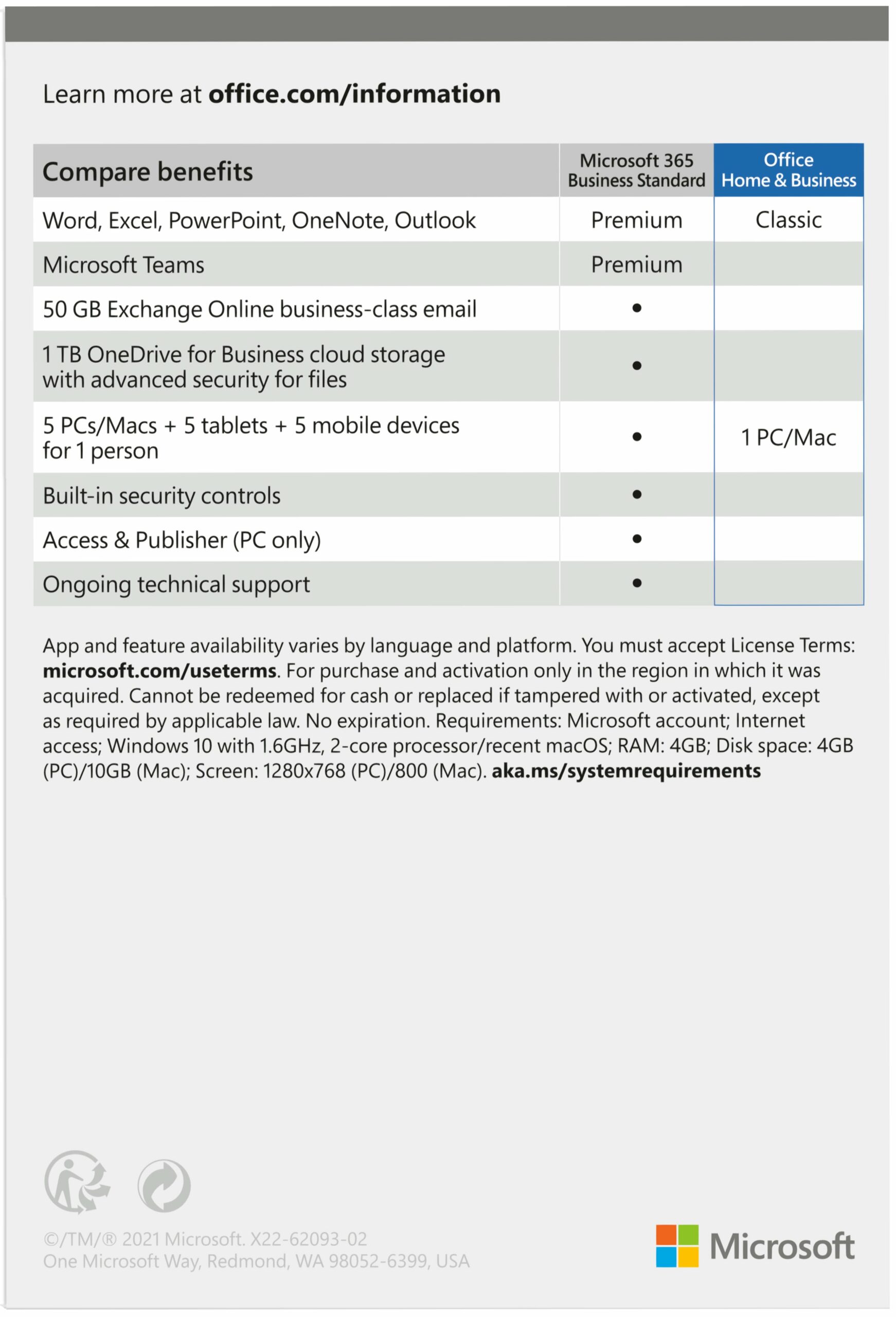 Microsoft Office Для дому та бізнесу 2021 для 1 ПК (Win або Mac), FPP - коробкова версія, англійська мова (T5D-03516)