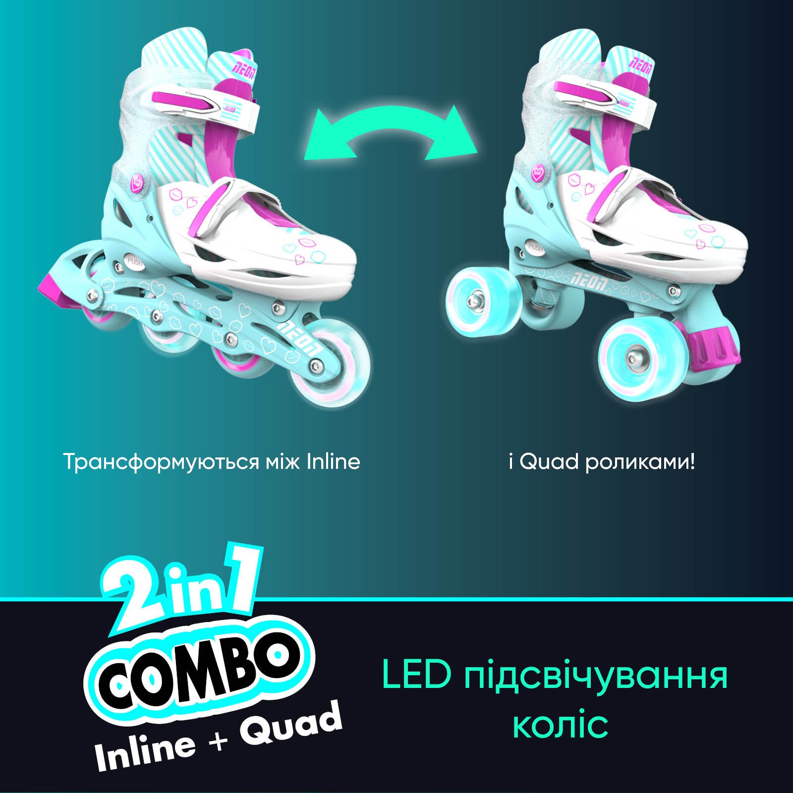 Роликові ковзани Neon Combo Skates Бірюзовий (Розмір 30-33)