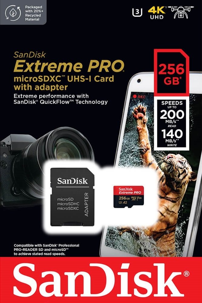 Карта памяти SanDisk microSDXC 256GB C10 UHS-I U3 R200/W140MB/s Extreme Pro V30 + адаптер SD (SDSQXCD-256G-GN6MA)