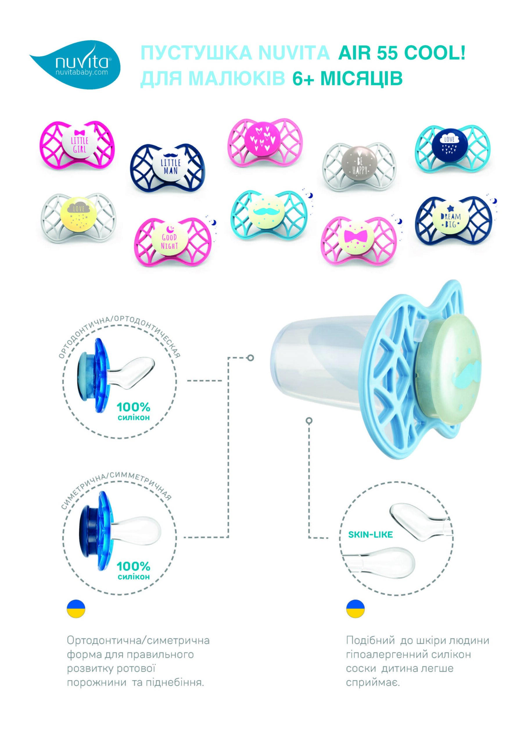 Пустушка симетрична Nuvita NV7085 Air55 Cool 6m +" LOVE" блакитно-синя (NV7085CB)
