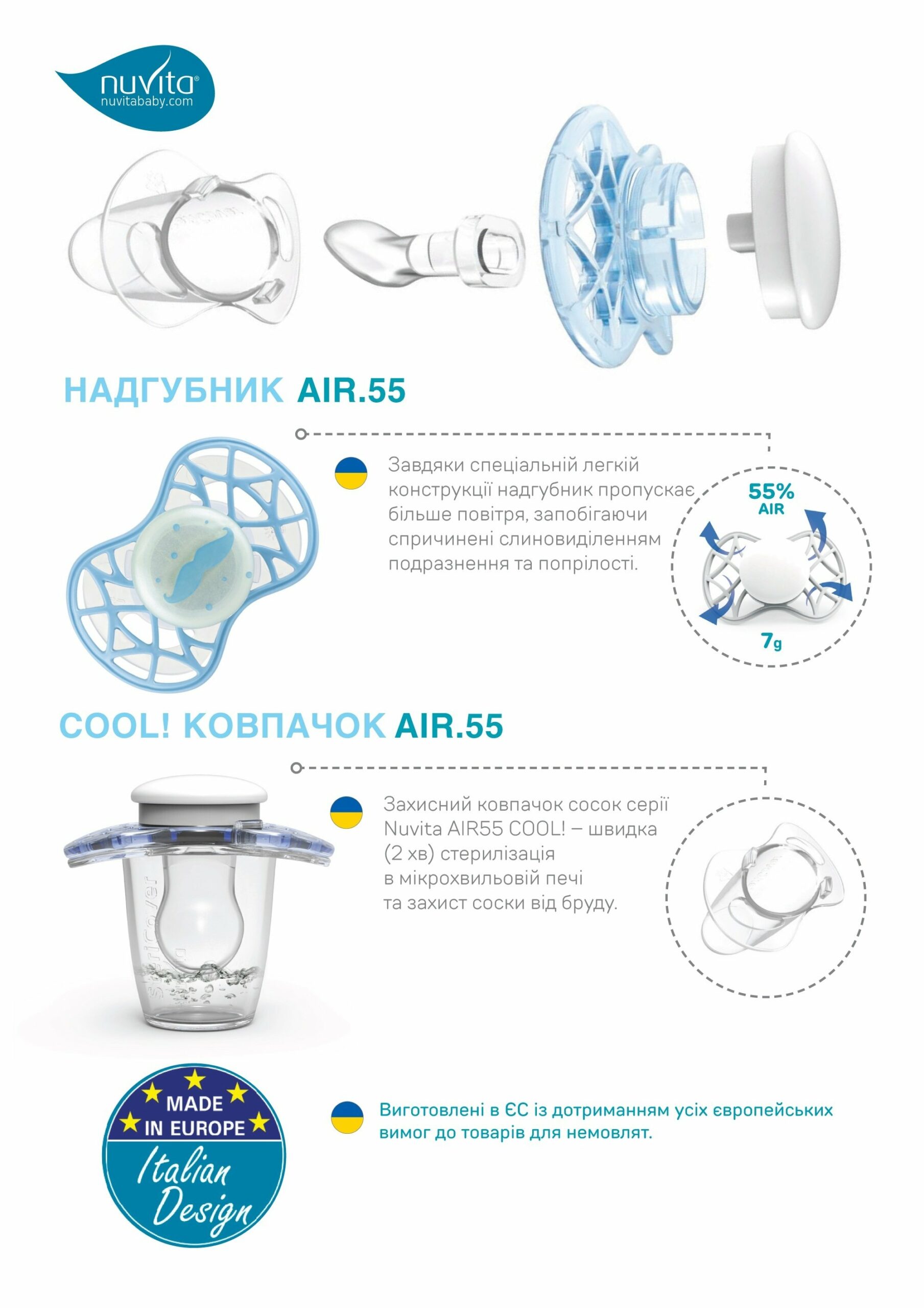 Пустушка симетрична Nuvita NV7085 Air55 Cool 6m +" LOVE" блакитно-синя (NV7085CB)