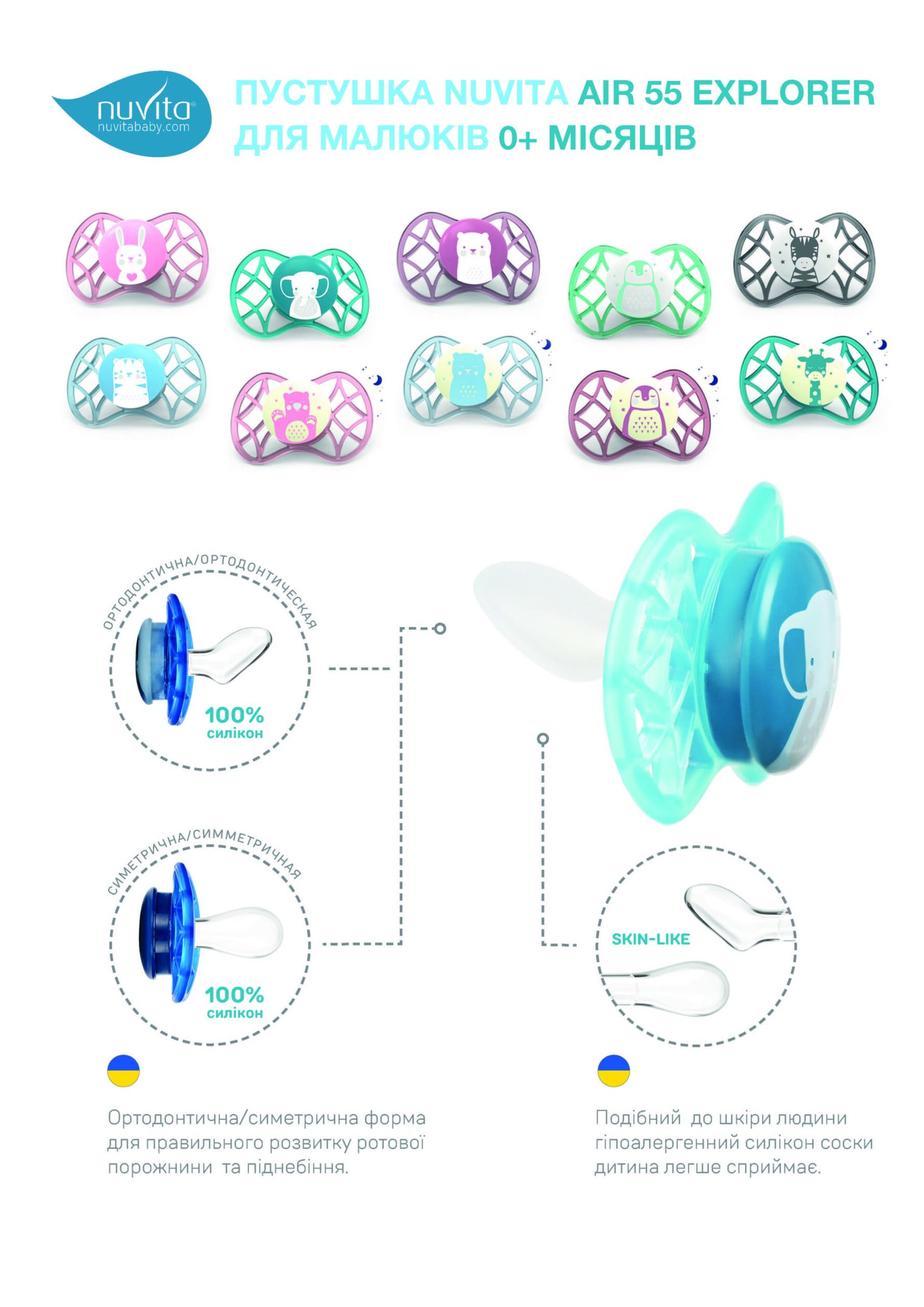 Пустушка ортодонтична Nuvita NV7066 Air55 Explorer 0m + 2шт. світиться в темряві (ведмедик, пінгвін) (NV7066GF)