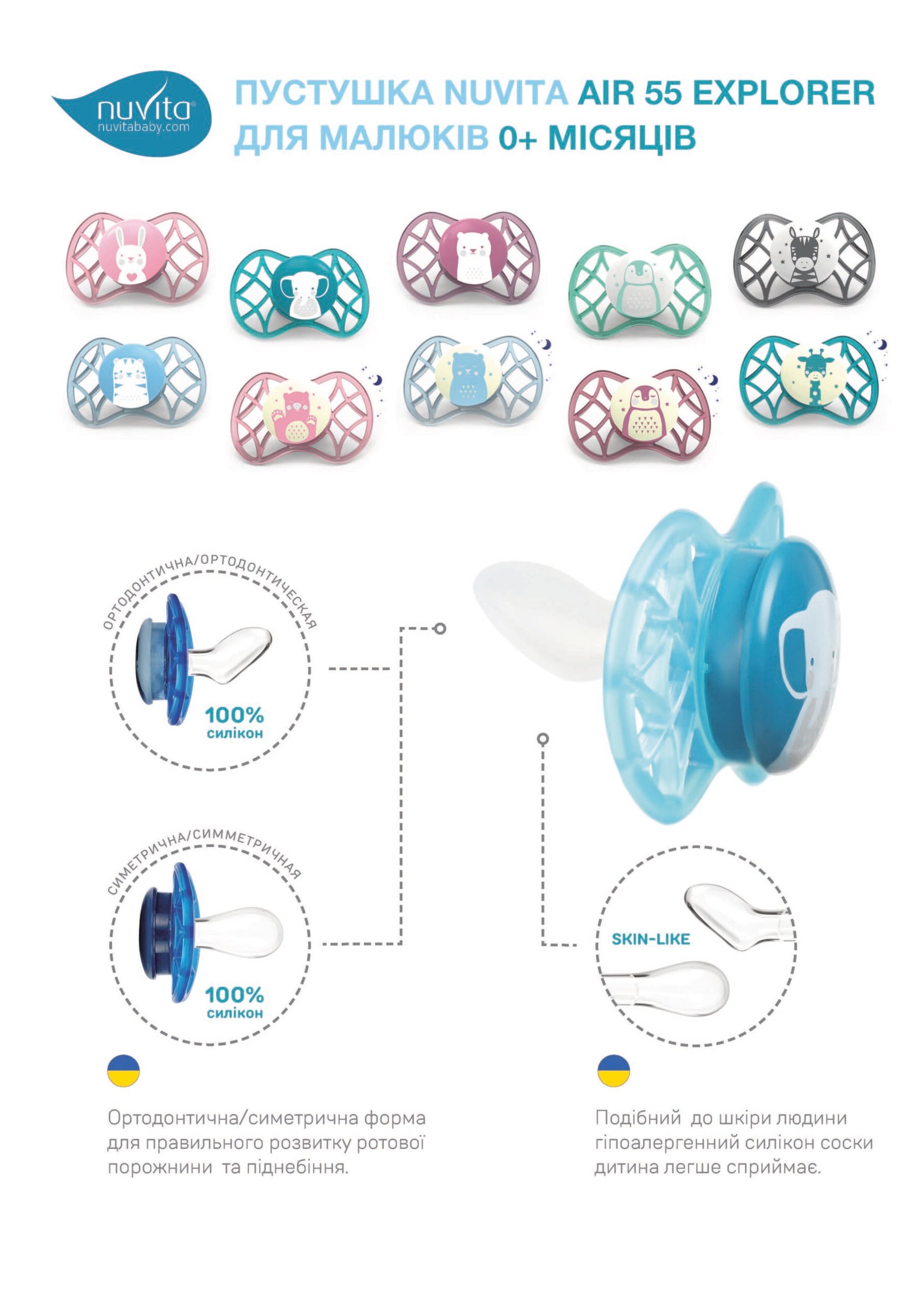 Пустушка ортодонтична Nuvita NV7066 Air55 Explorer 0m + 2шт. (Зебра, пінгвін) (NV7066N)