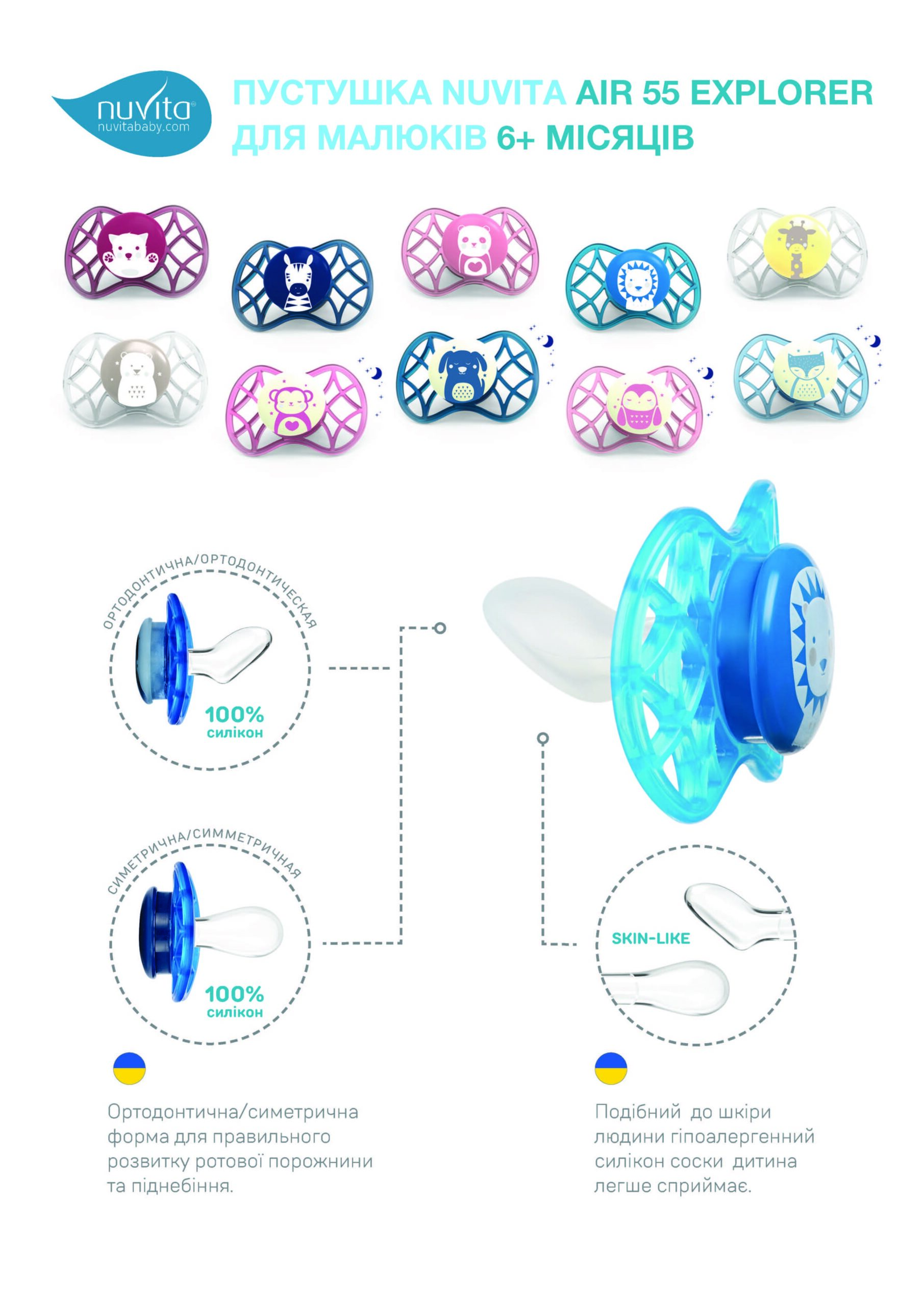 Пустушка ортодонтична Nuvita NV7086 Air55 Explorer 6m + 2шт. (Кіт, панда) (NV7086F)