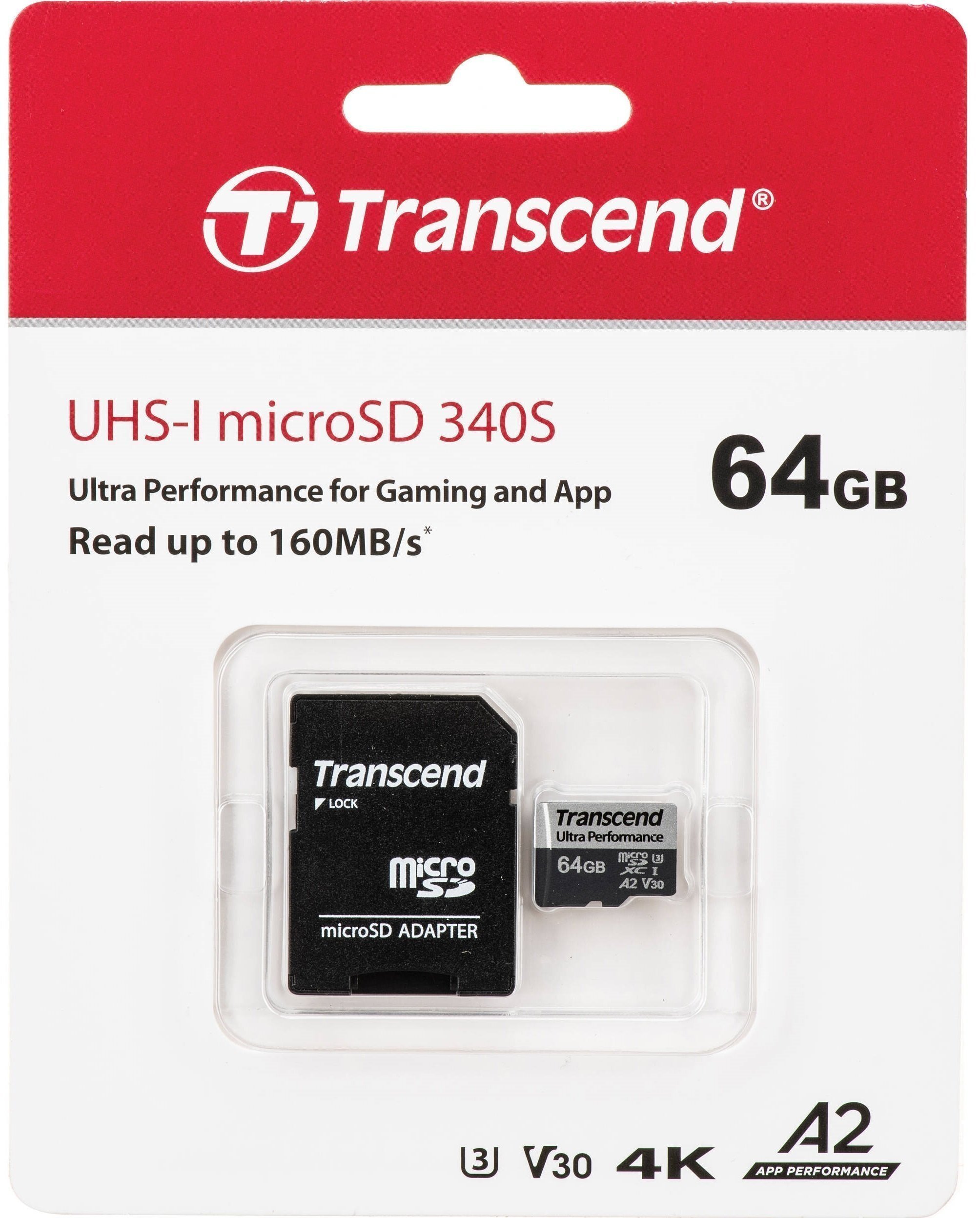 Карта пам'яті Transcend microSDXC 64GB C10 UHS-I U3 A2 R160/W80MB/s + SD адаптер (TS64GUSD340S)