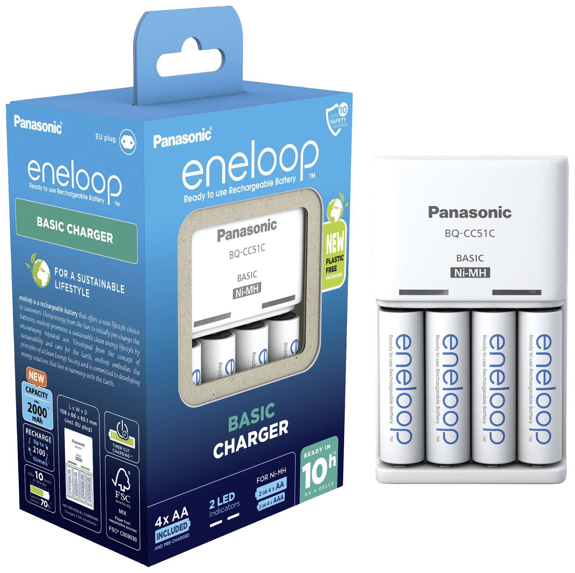 Зарядний пристрій Basic Charger + Акумулятор Eneloop NI-MH AA 2000 мАг, 4 шт. (K-KJ51MCD40E)