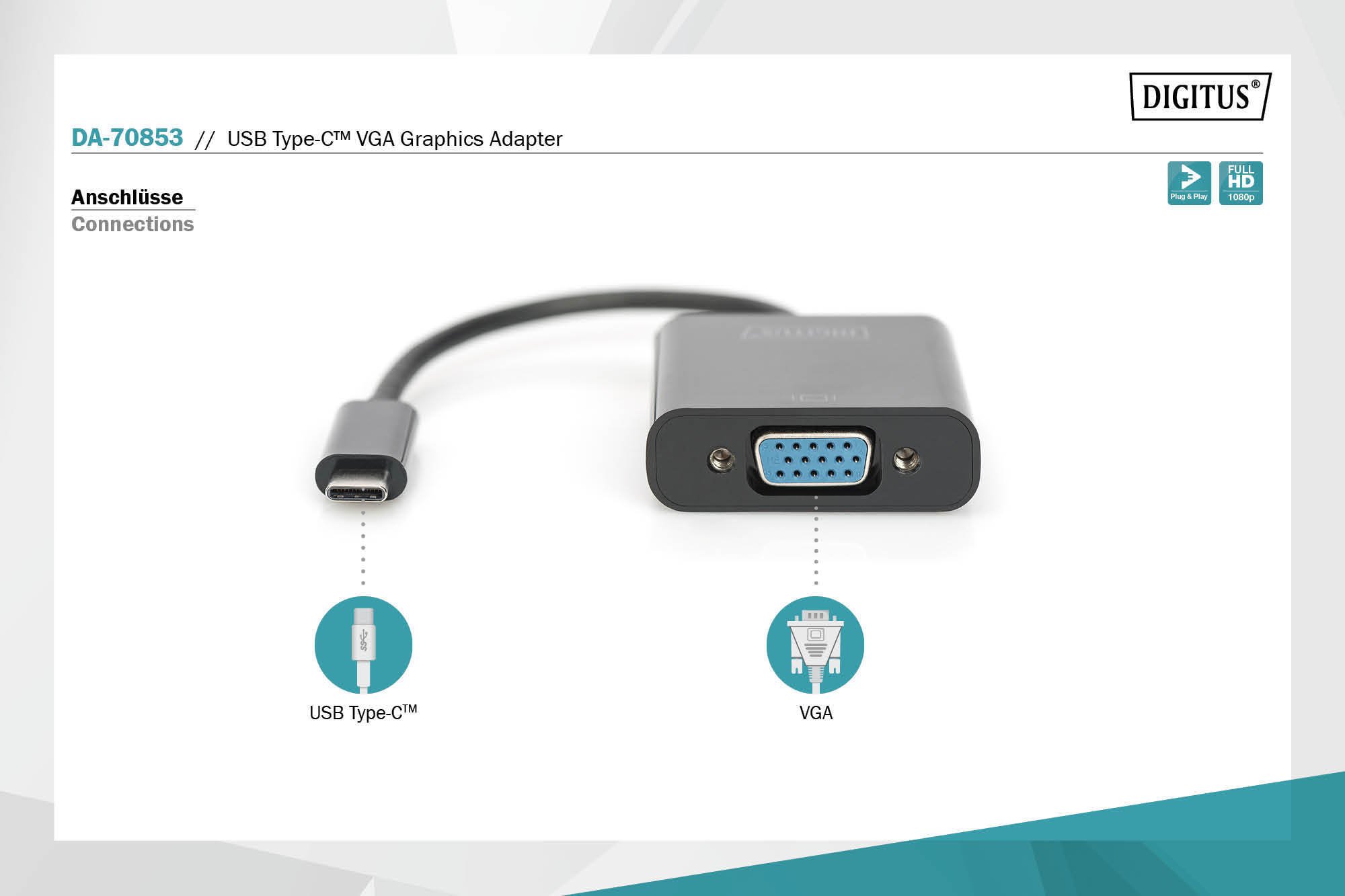 Адаптер DIGITUS USB-C – VGA Full HD, M/F, 0.15 m (DA-70853)