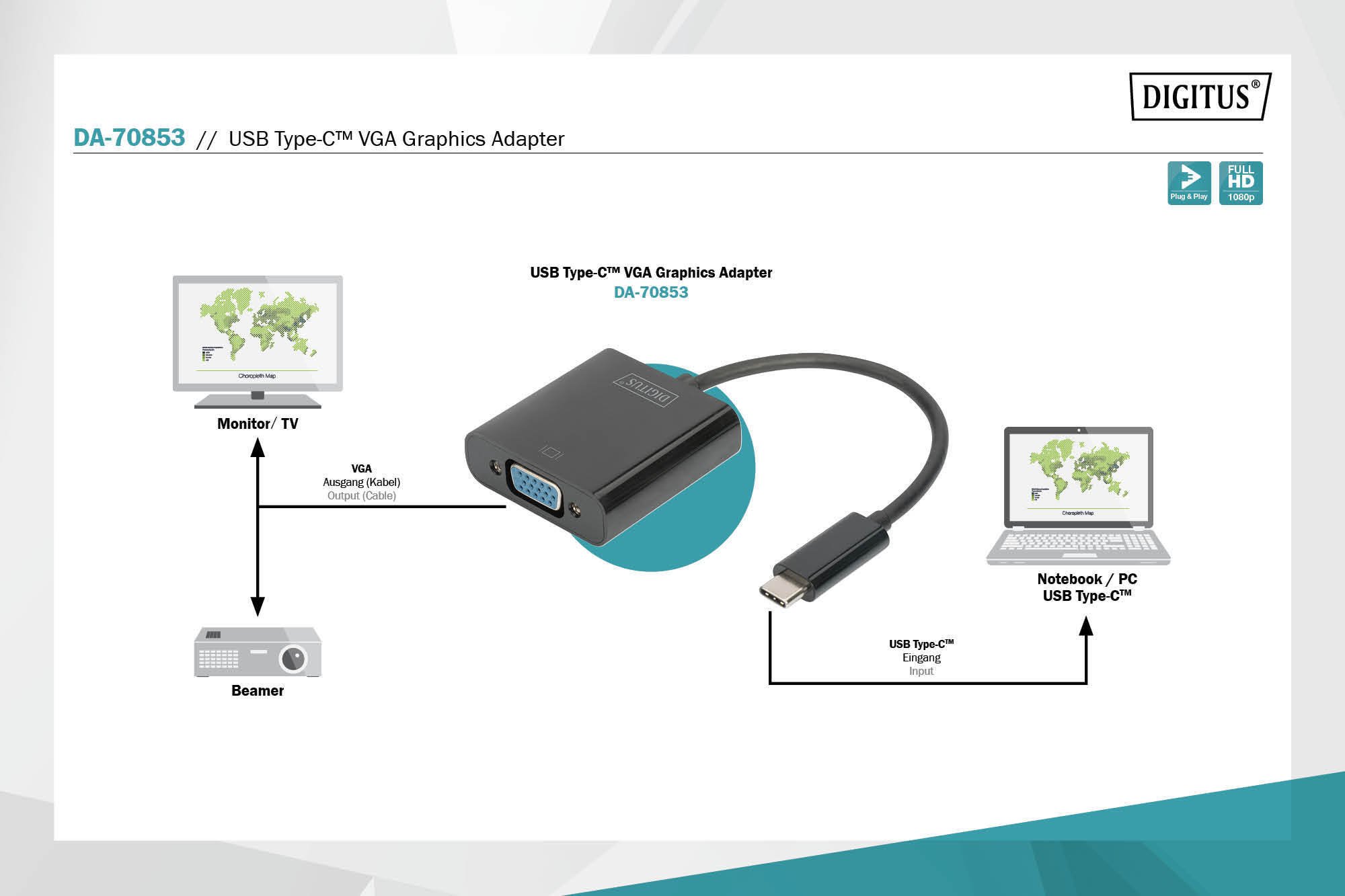 Адаптер DIGITUS USB-C – VGA Full HD, M/F, 0.15 m (DA-70853)