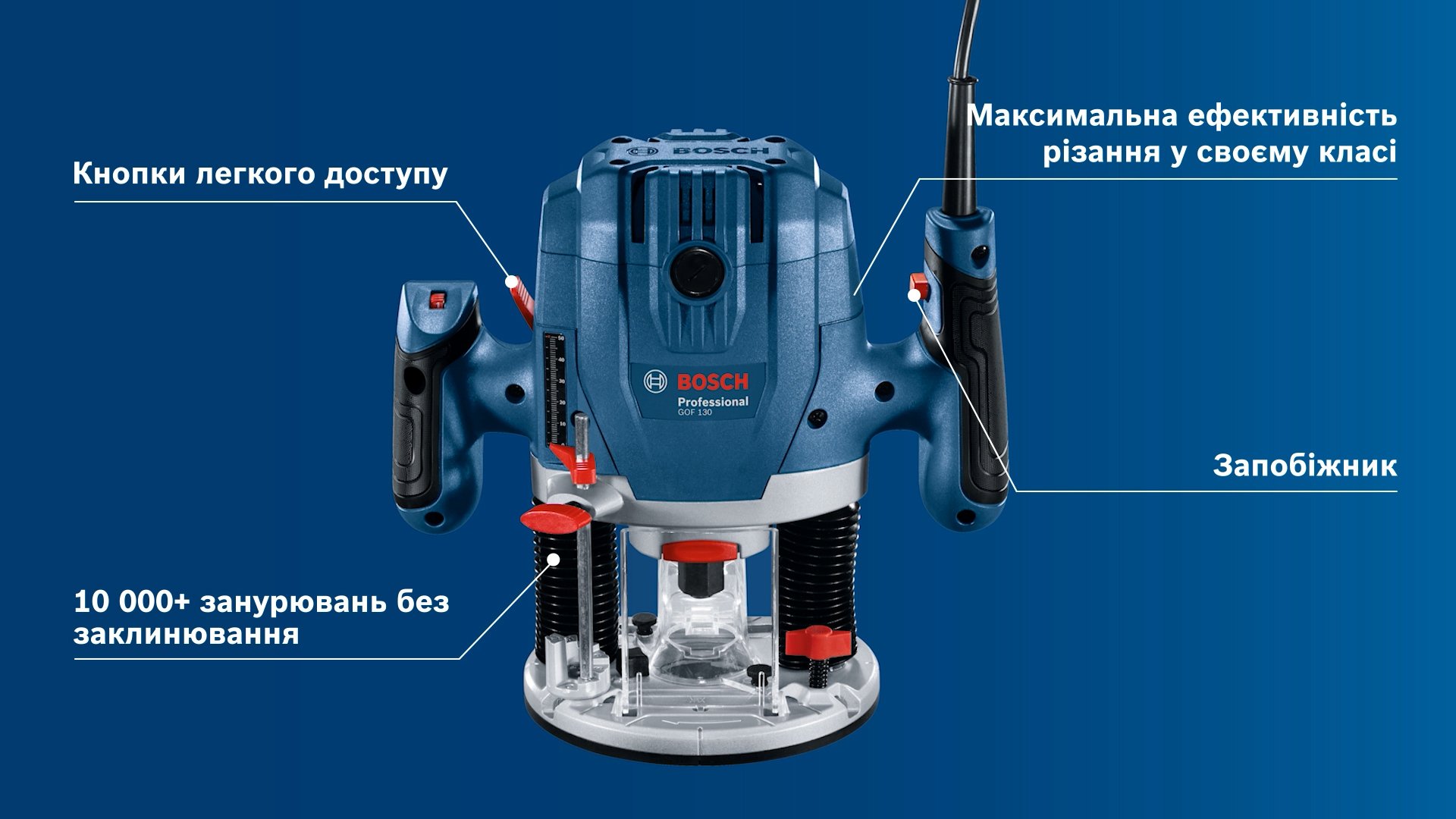 Фрезер Bosch GOF 130, 1300Вт, 11000-28000 об/хв, цанга 6 та 8мм, 3.5кг