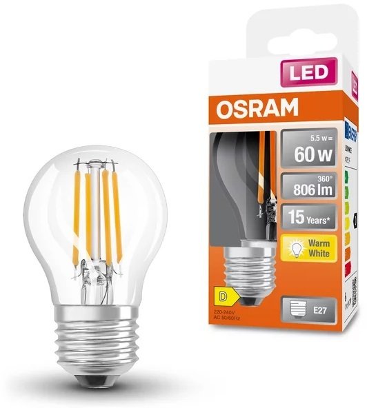 Лампа світлодіодна Osram Led P60 5.5W (806Lm) 2700K E27 філамент (4058075434882)