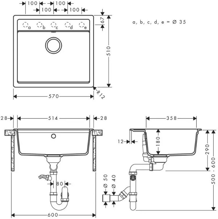 Мойка кухонная Hansgrohe S52, S520-F510, серый камень (43359290)