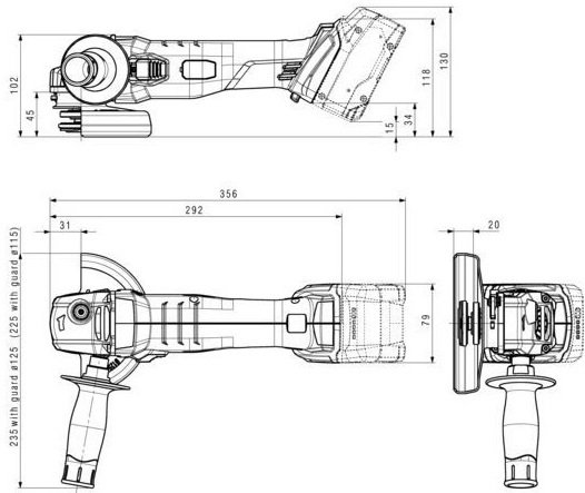 Шліфмашина кутова акумуляторна Metabo W 18 L 9-125, 18В, без АКБ та ЗП (602247850)