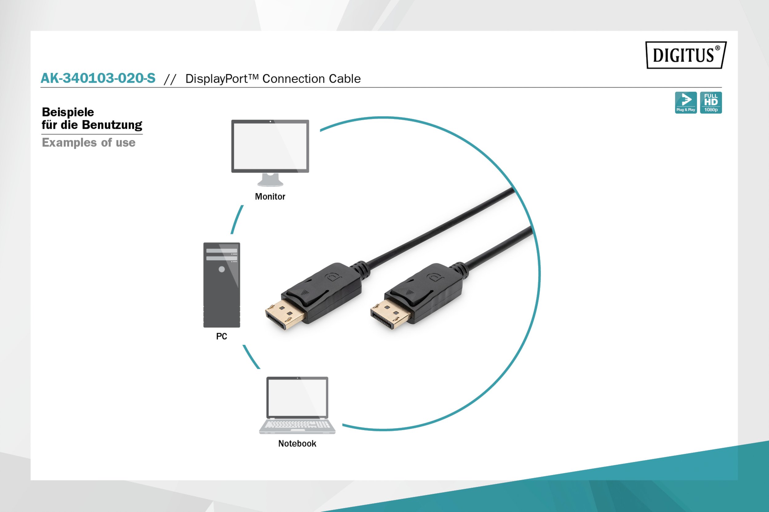 Кабель DisplayPort Digitus AM/AM 2m, Black (AK-340103-020-S)