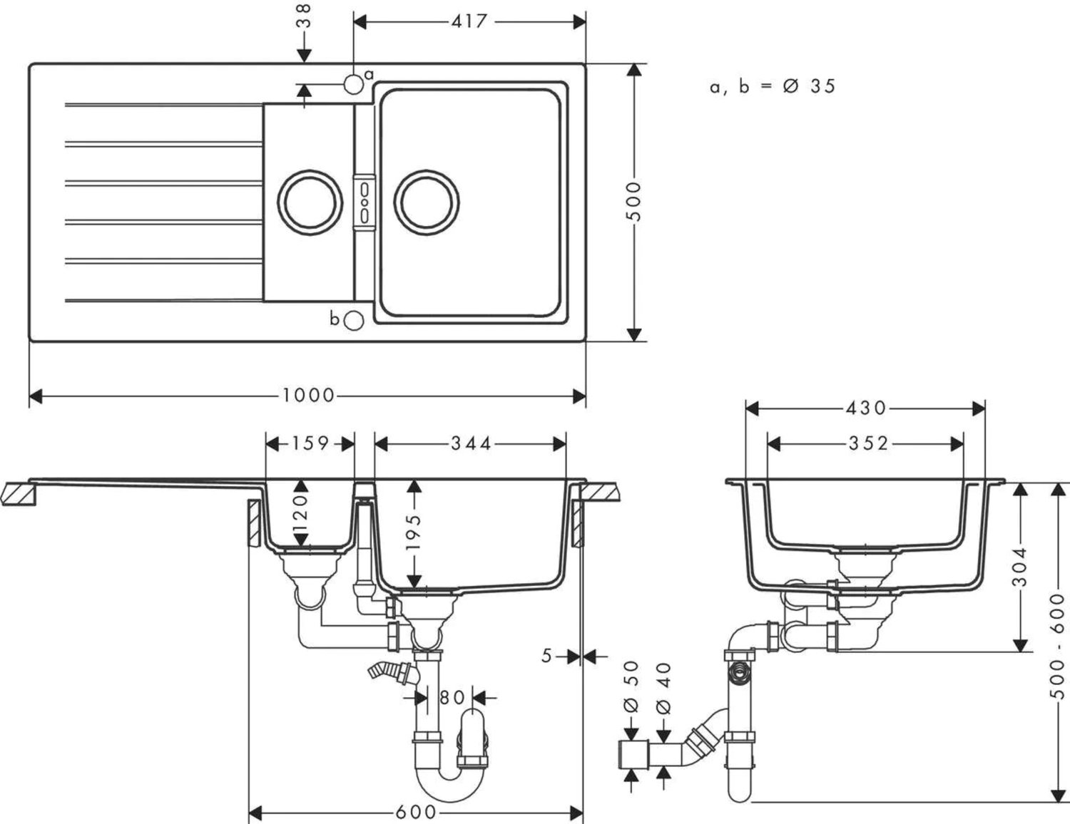 Мийка кухонна Hansgrohe накладна S520-F530 чорний графіт (43357170)