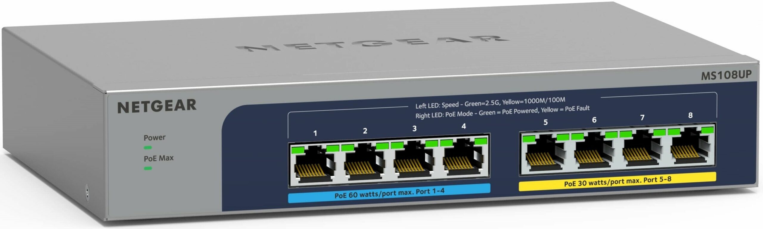 Комутатор NETGEAR MS108UP, 4x2,5GE PoE+, 4x2,5GE PoE++(60Вт/порт), 230Вт, некерований (MS108UP-100EUS)