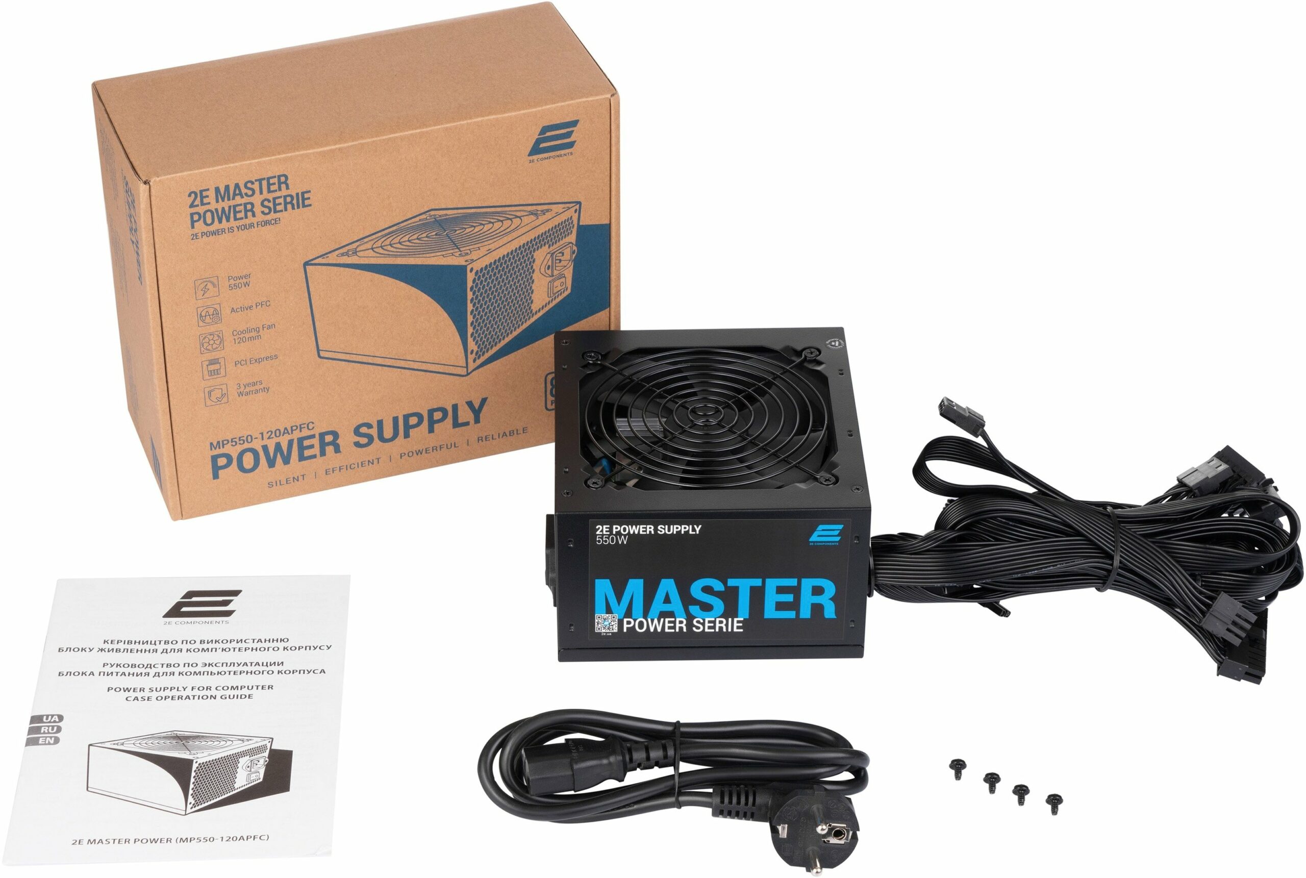 Блок живлення 2E MASTER POWER (550W),>80%, 80+ White, 120mm, 1xMB 24pin(20+4), 1xCPU 8pin(4+4), 3xMolex, 5xSATA, 2xPC