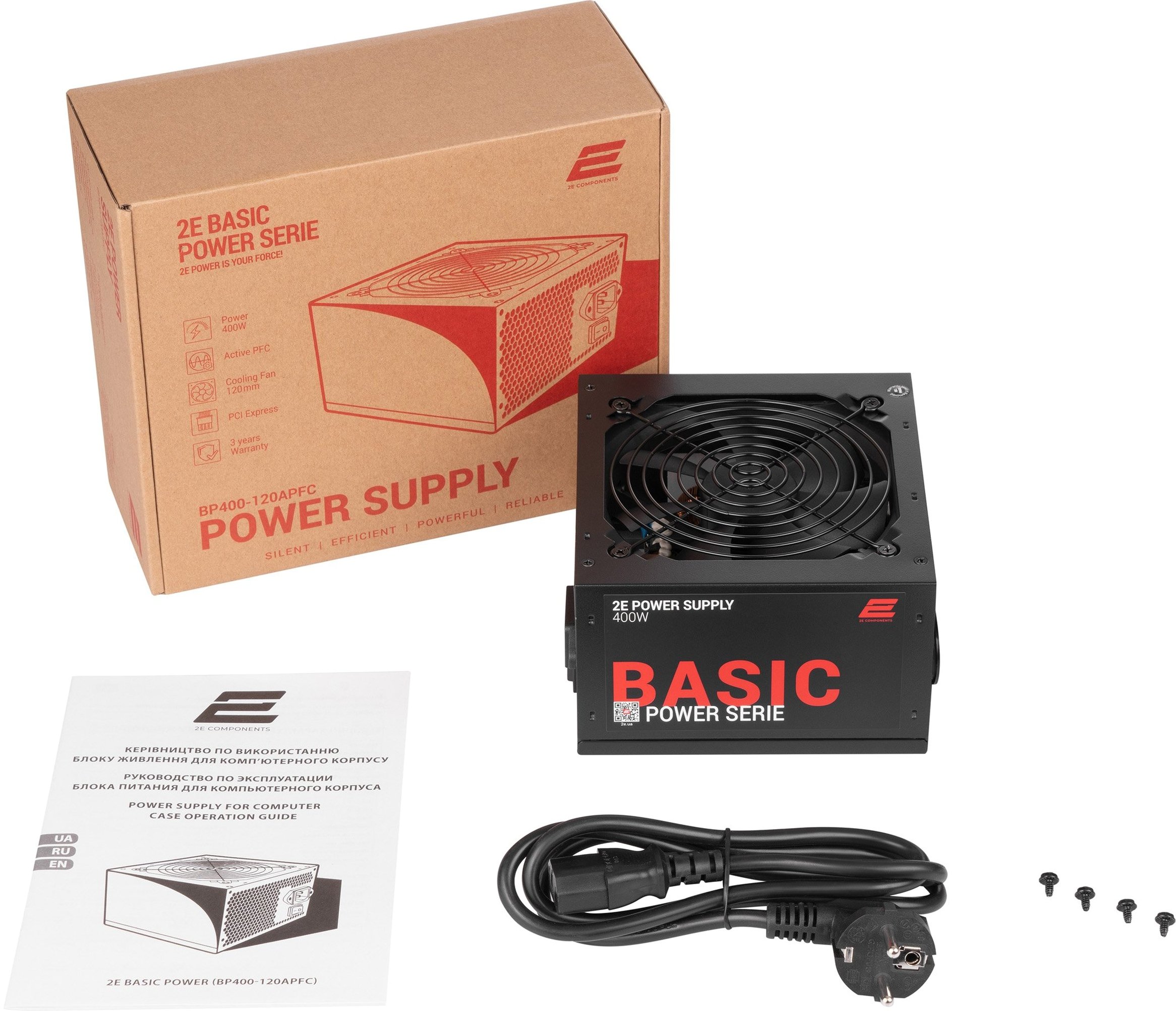 Блок живлення 2E BASIC POWER (400W), 80%, 120mm, 1xMB 24pin(20+4), 1xCPU 8pin(4+4), 3xMolex, 4xSATA, 1xPCIe 8pin(6+2)