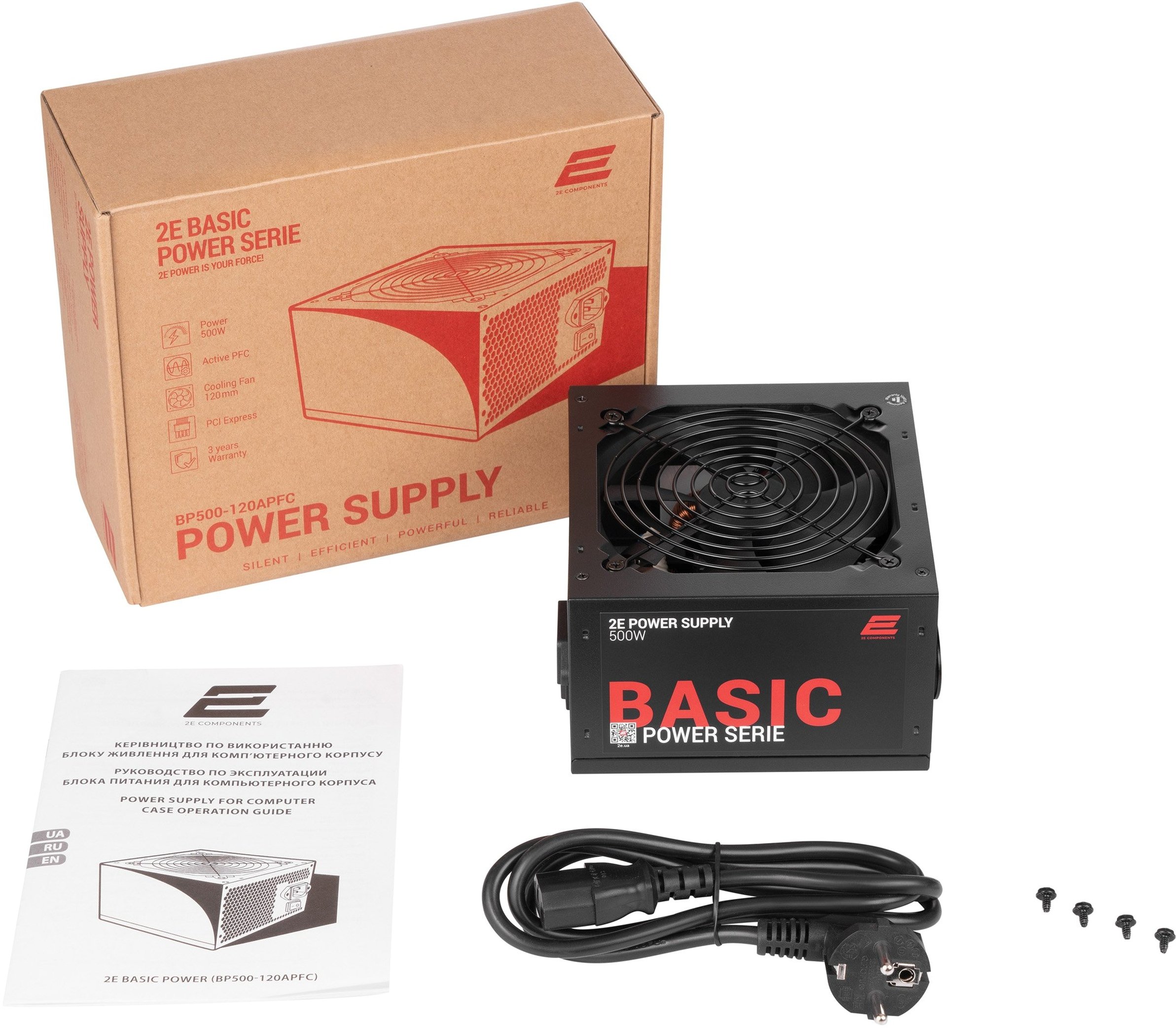 Блок живлення 2E BASIC POWER (500W), 80%, 120mm, 1xMB 24pin(20+4), 1xCPU 8pin(4+4), 3xMolex, 4xSATA, 2xPCIe 8pin(6+2)