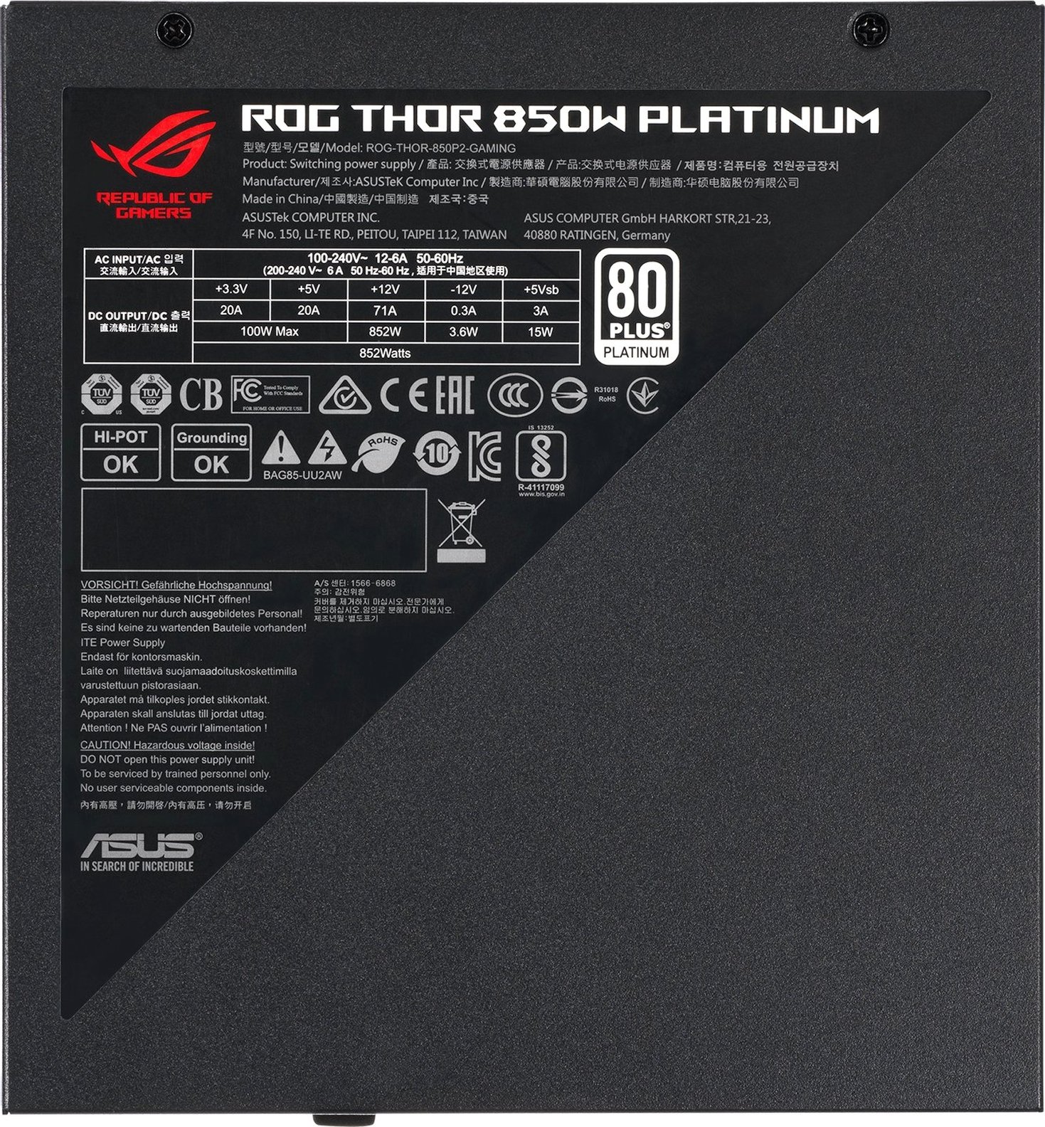 Блок живлення ASUS ROG THOR (850W),>90%, 80+ Platinum, 135mm, 1xMB 24pin(20+4), 2xCPU 8pin(4+4), 6xMolex, 10xSATA, 83xPC