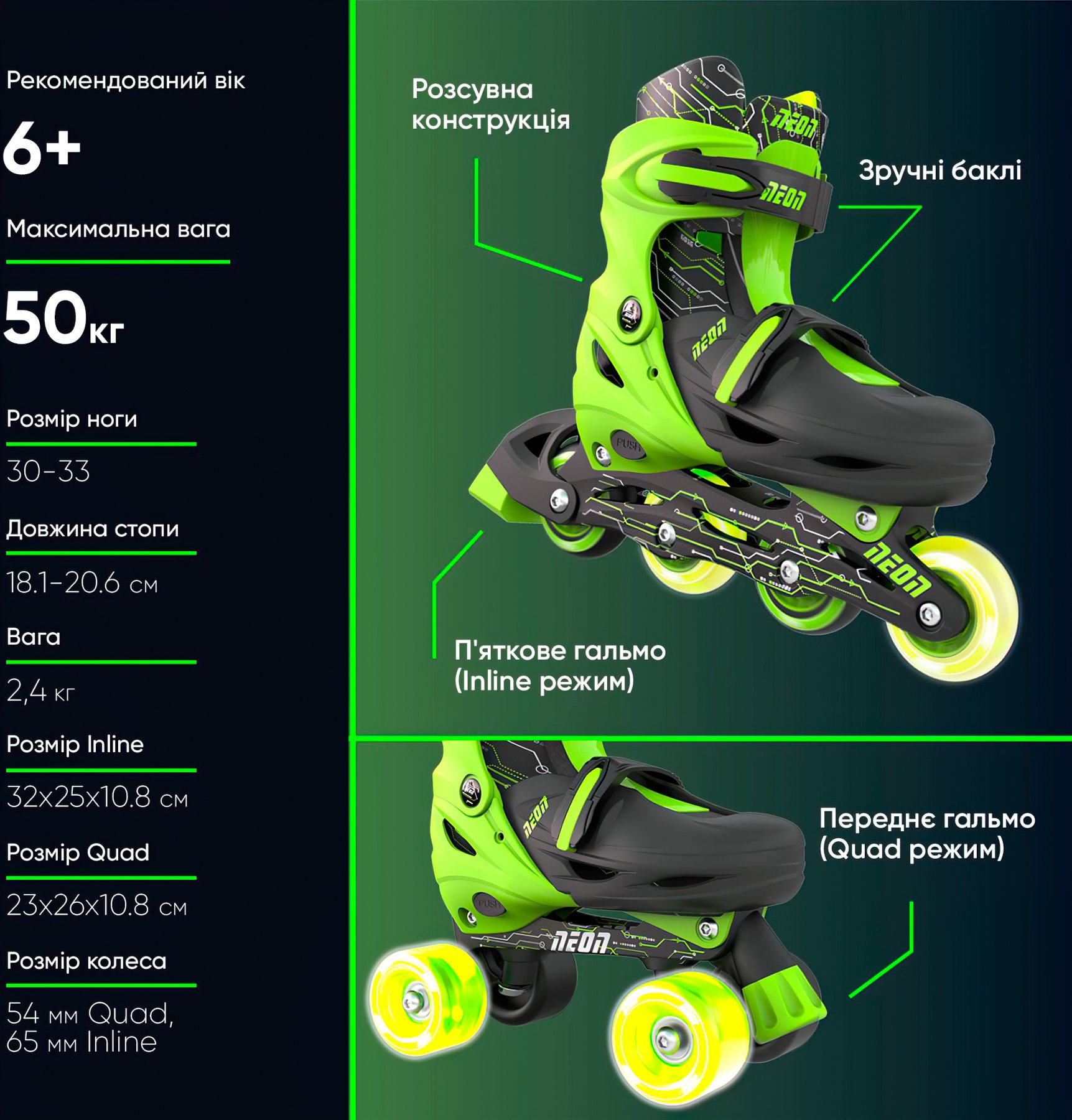 Роликові ковзани Neon Combo Skates Салатовий (Размер 30-33)