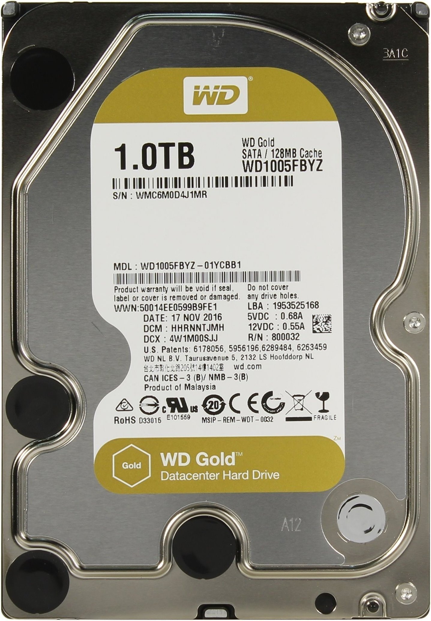 Жорсткий диск внутрішній WD 3.5" SATA 3.0 1TB 7200RPM 6GB/S/128MB GOLD WD1005FBYZ (WD1005FBYZ)