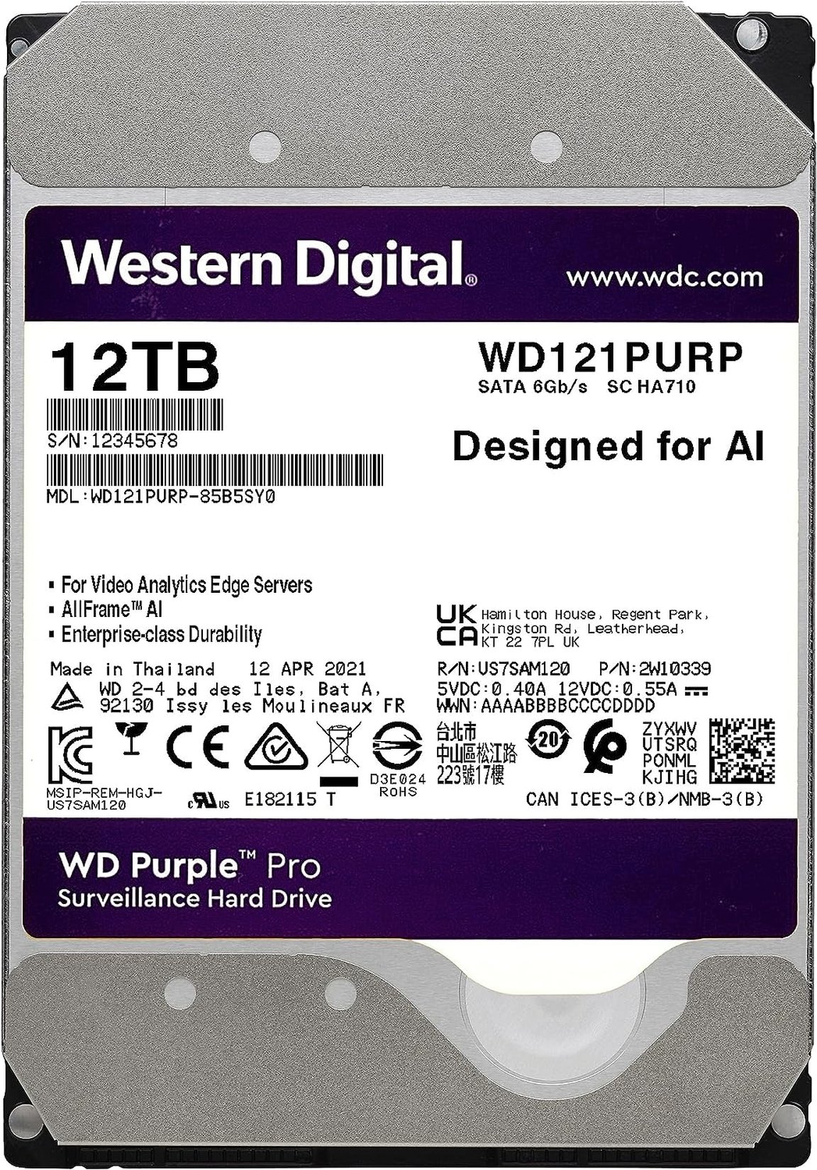 Жорсткий диск внутрішній WD 3.5" SATA 3.0 12TB 7200 256MB Purple Pro Surveillance (WD121PURP)