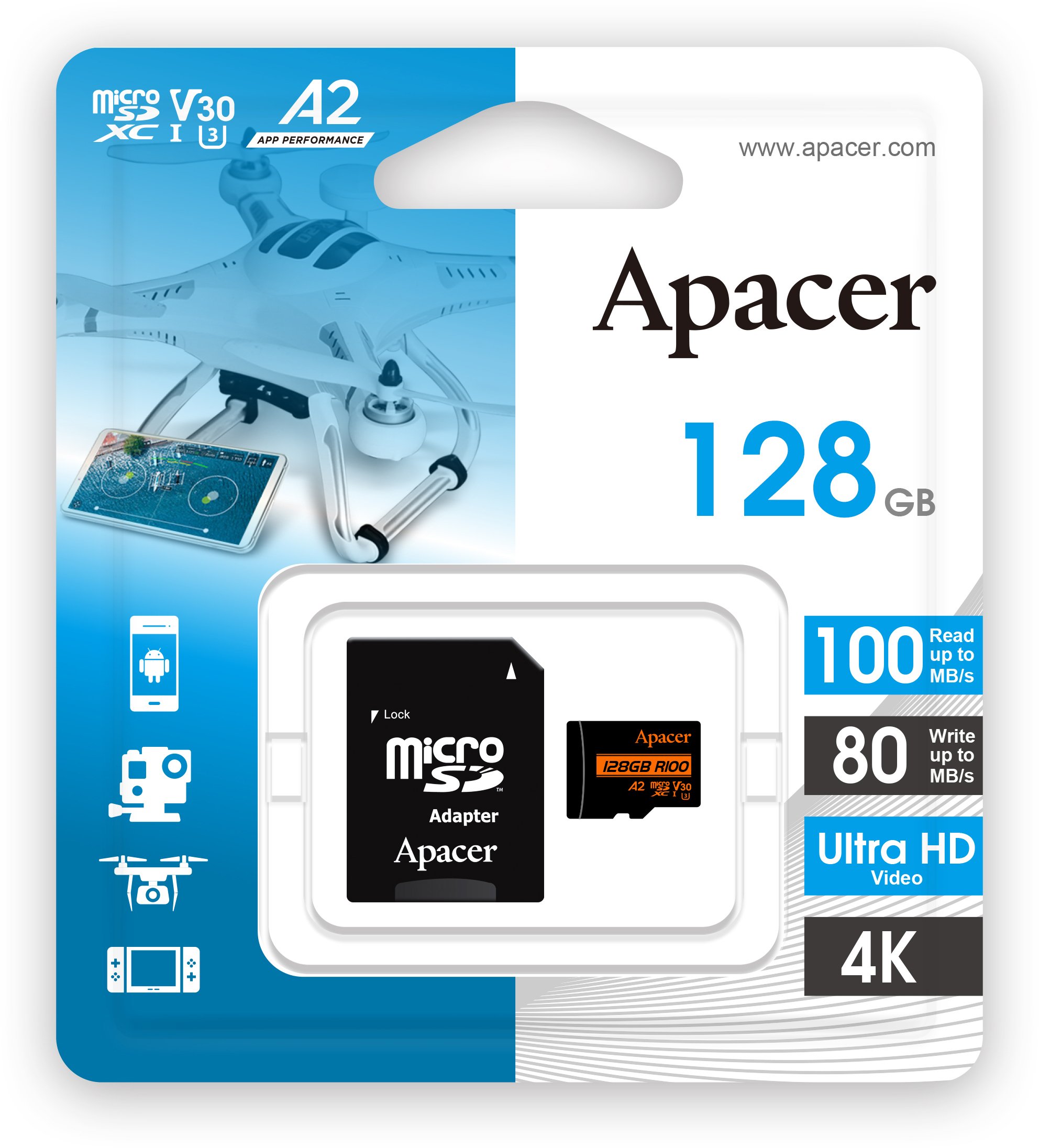 Карта пам'яті Apacer microSD 128GB UHS-I U3 A2 R100/W80MB/s + SD-адаптер (AP128GMCSX10U8-R)