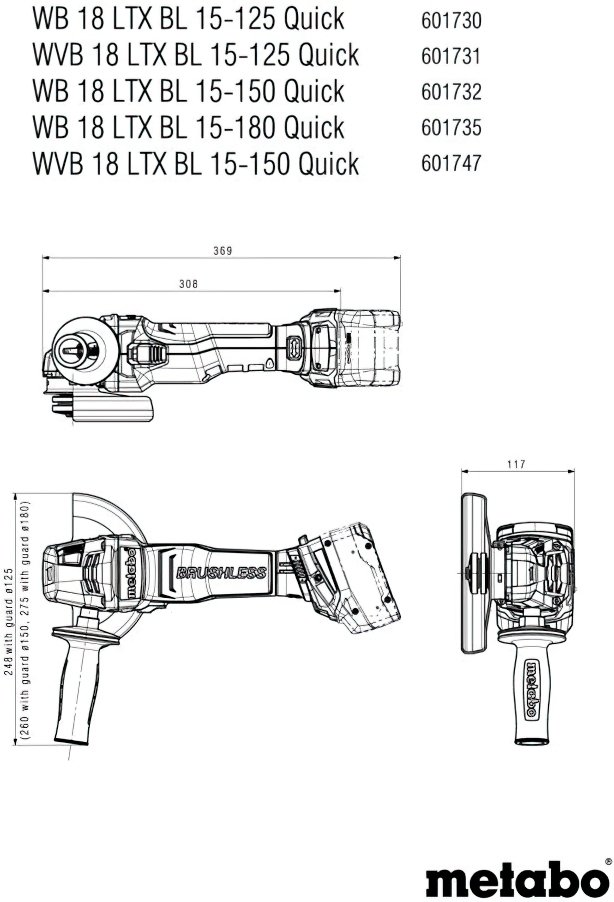 Шліфмашина кутова акумуляторна Metabo WVB 18 LTX BL 15-125 Quick, 125мм, 18В 2*5.5Аг (601731660)