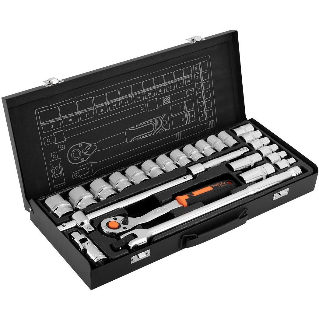 Набор торцевых головок NEO Tools, 25шт, 1/2", CrV, металлический кейс (10-036)