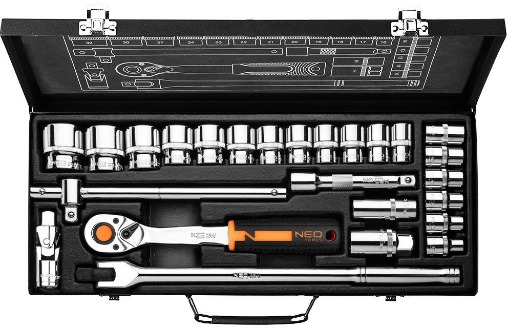 Набор торцевых головок NEO Tools, 25шт, 1/2", CrV, металлический кейс (10-036)