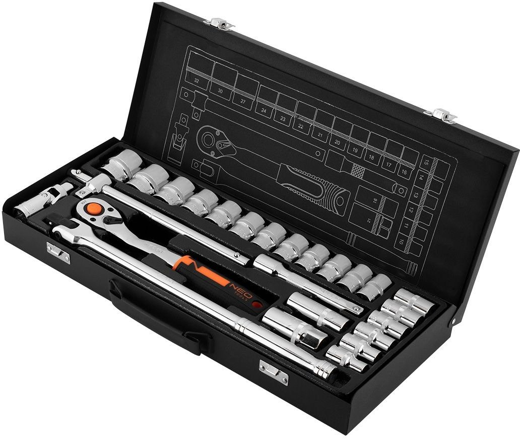 Набор торцевых головок NEO Tools, 25шт, 1/2", CrV, металлический кейс (10-036)