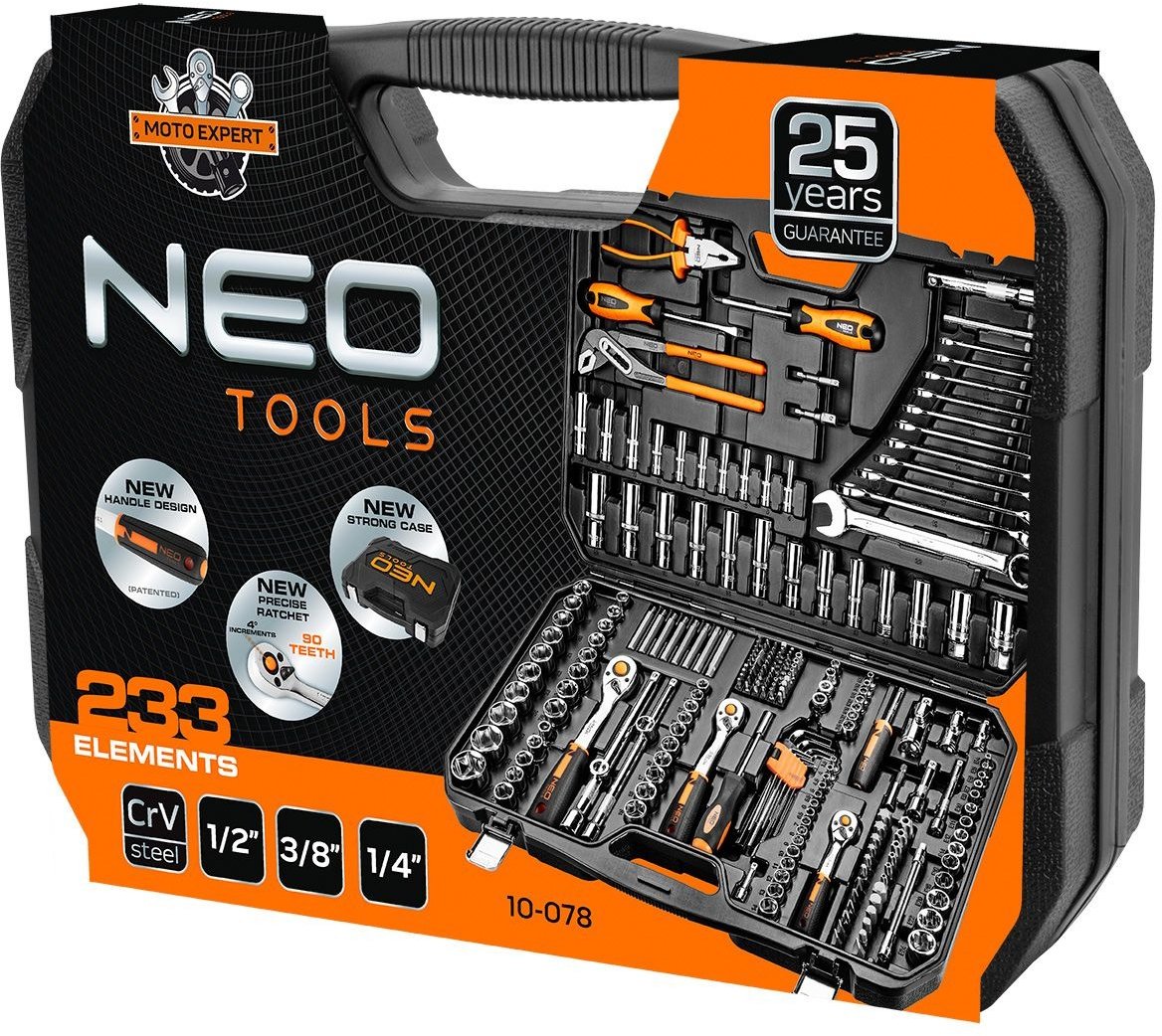 Набор инструментов Neo Tools, 233шт, 1/2", 1/4", 3/8", CrV, кейс (10-078)