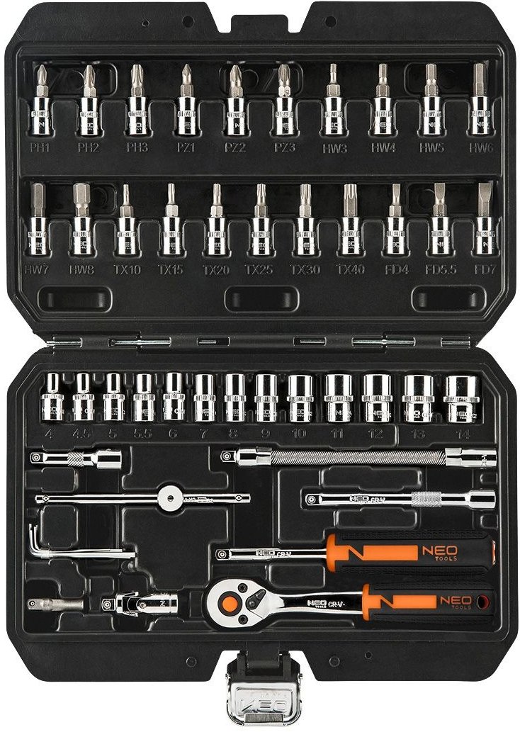 Набор торцевых головок NEO Tools, 46шт, 1/4", CrV, кейс (10-004)