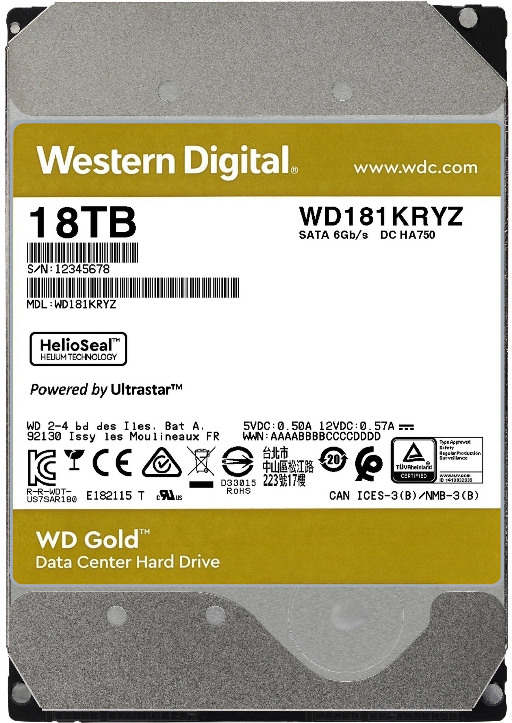 Жесткий диск внутренний WD 3.5" SATA 3.0 18TB 7200 512MB Gold (WD181KRYZ)