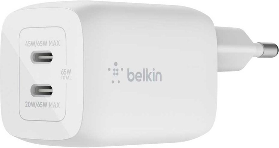 Мережевий зарядний пристрій Belkin 65Вт 2хUSB-С GAN PD PPS, white (WCH013VFWH)