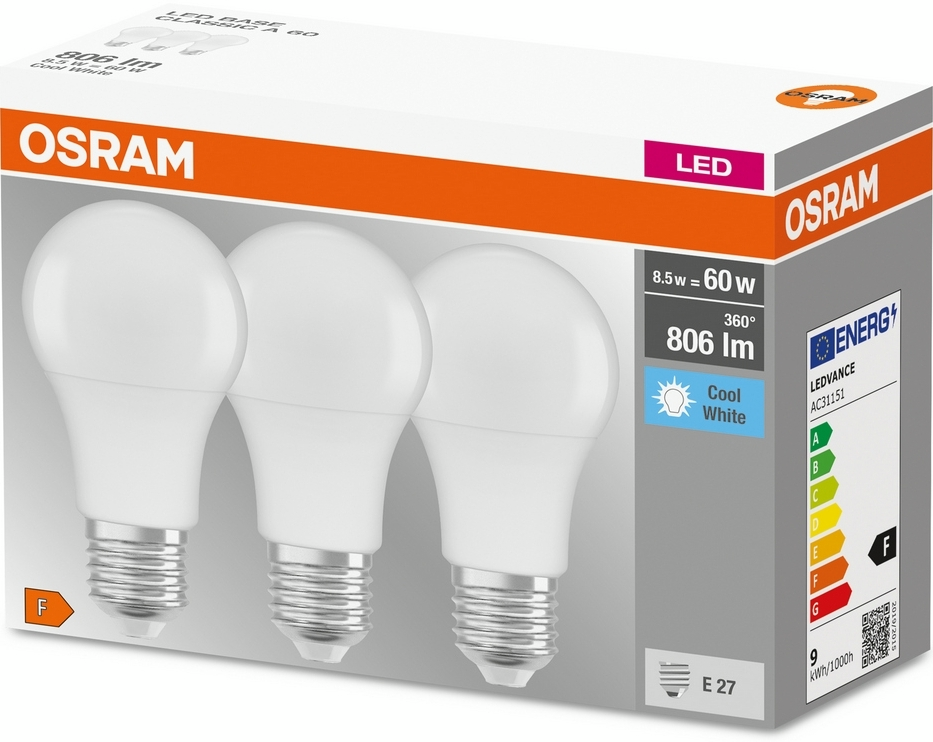 Набір ламп 3шт Osram Led E27 8.5Вт 4000К 806Лм A60 (4058075127531)