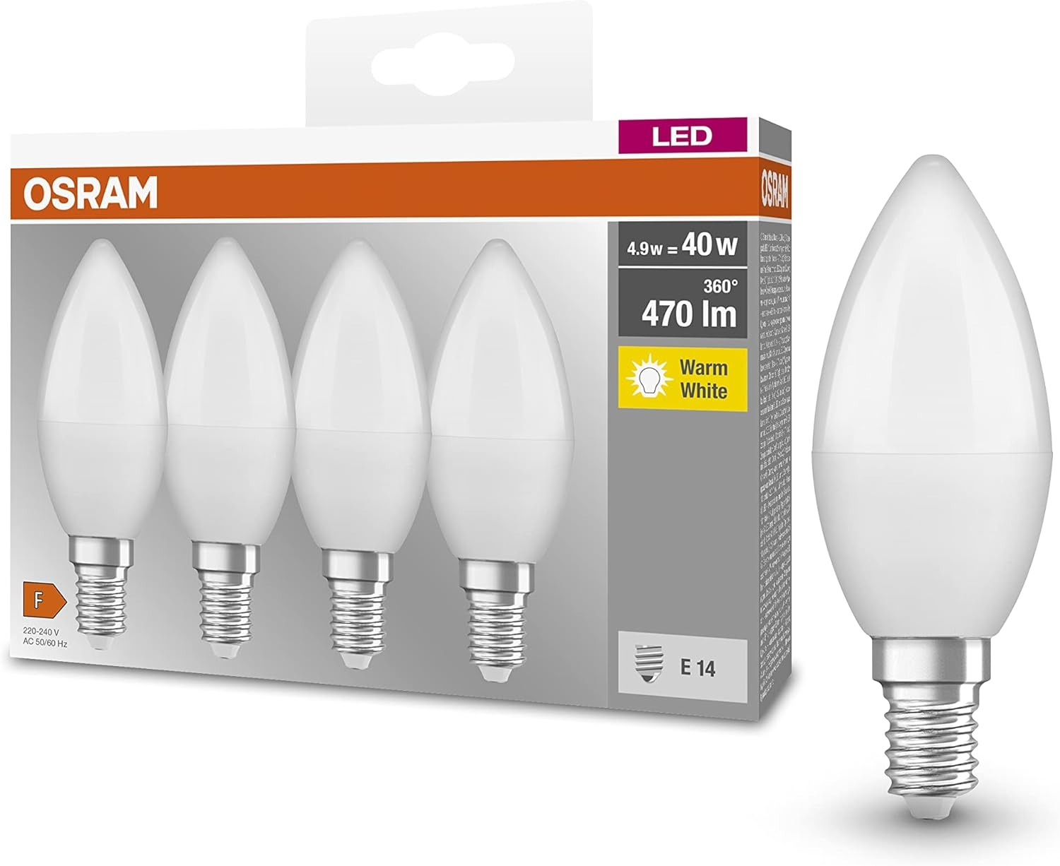 Набір ламп 4шт Osram Led E14 4.9Вт 4000К 470Лм B40 (4058075819474)