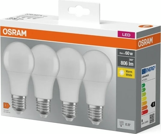 Набір ламп 4шт Osram Led E27 8.5Вт 2700К 806Лм A60 (4058075819450)