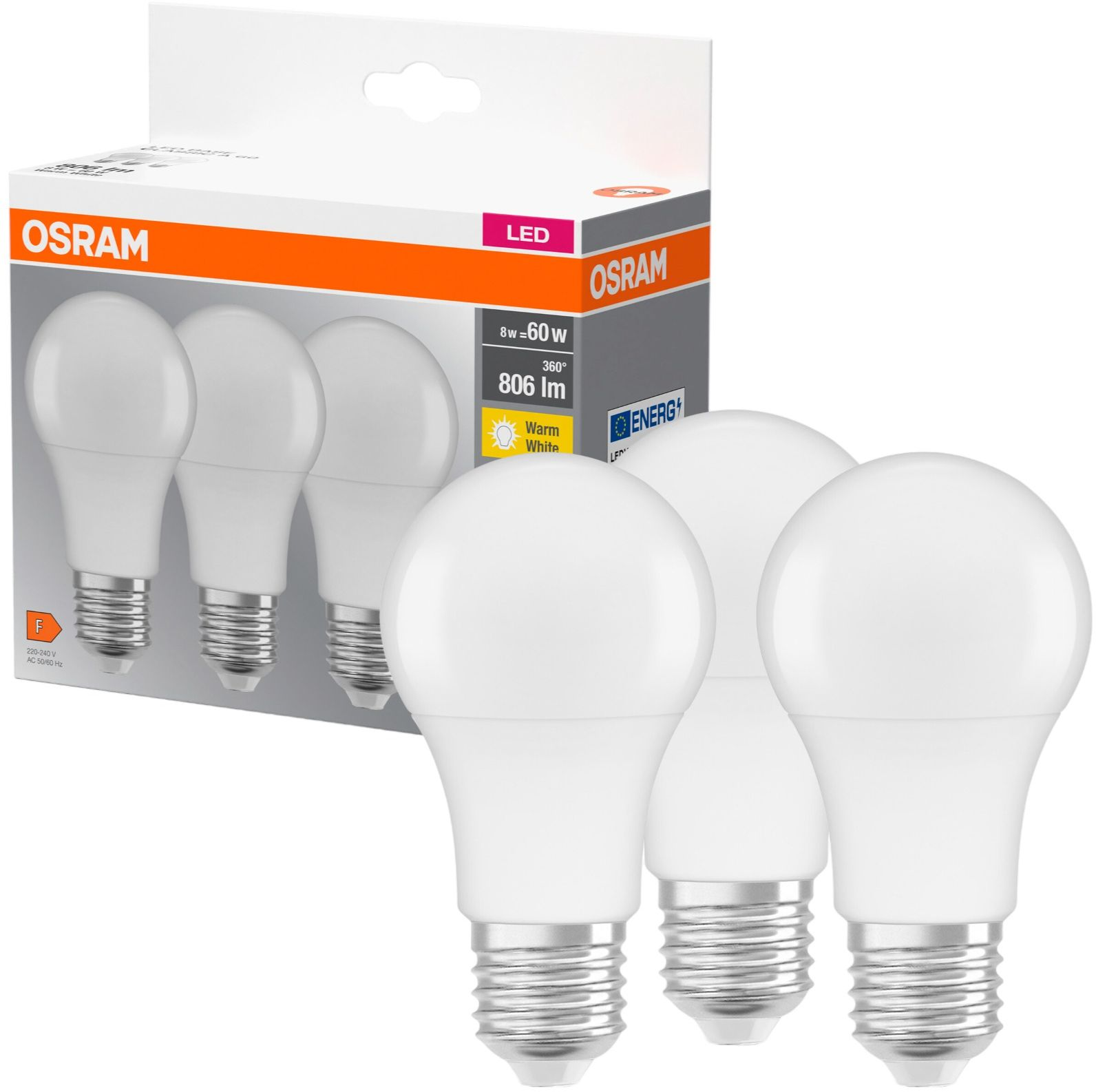 Набір ламп 3шт Osram Led E27 8.5Вт 2700К 806Лм A60 (4099854046797)