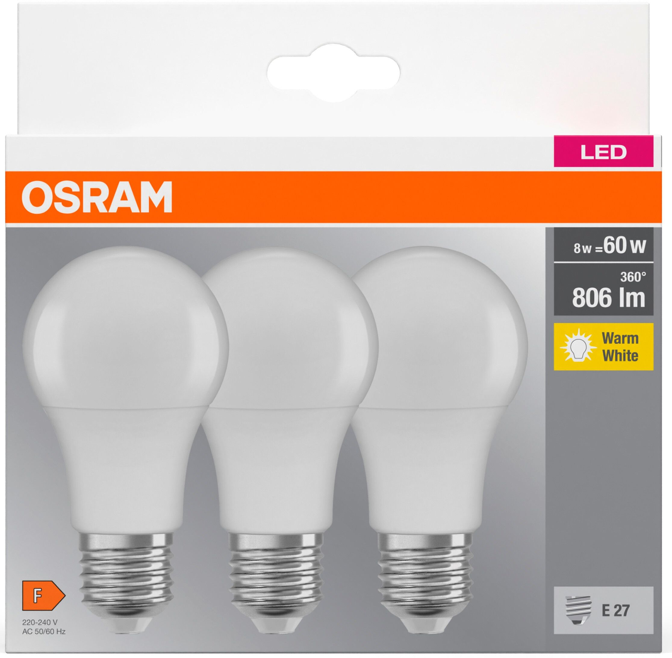 Набір ламп 3шт Osram Led E27 8.5Вт 2700К 806Лм A60 (4099854046797)